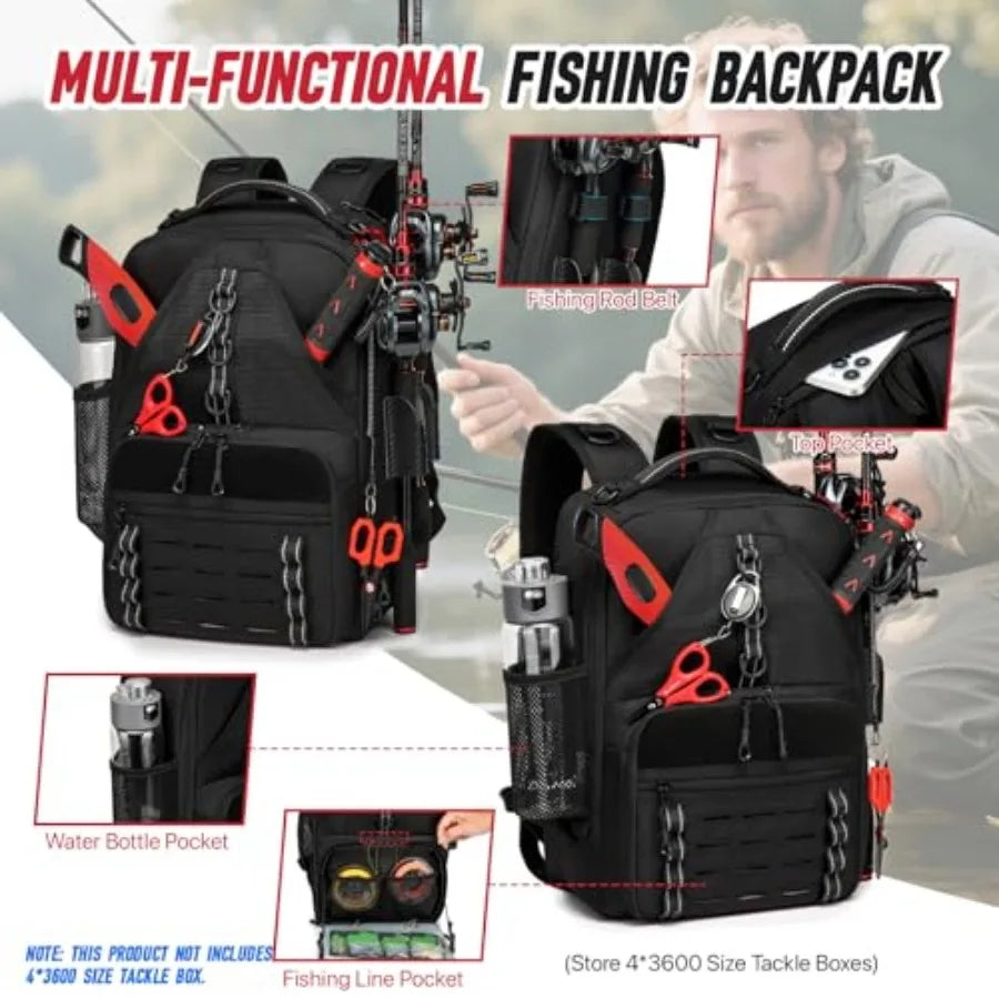 Fishing Tackle Backpack with Two Rod Holders Water Resistant Gear Bag