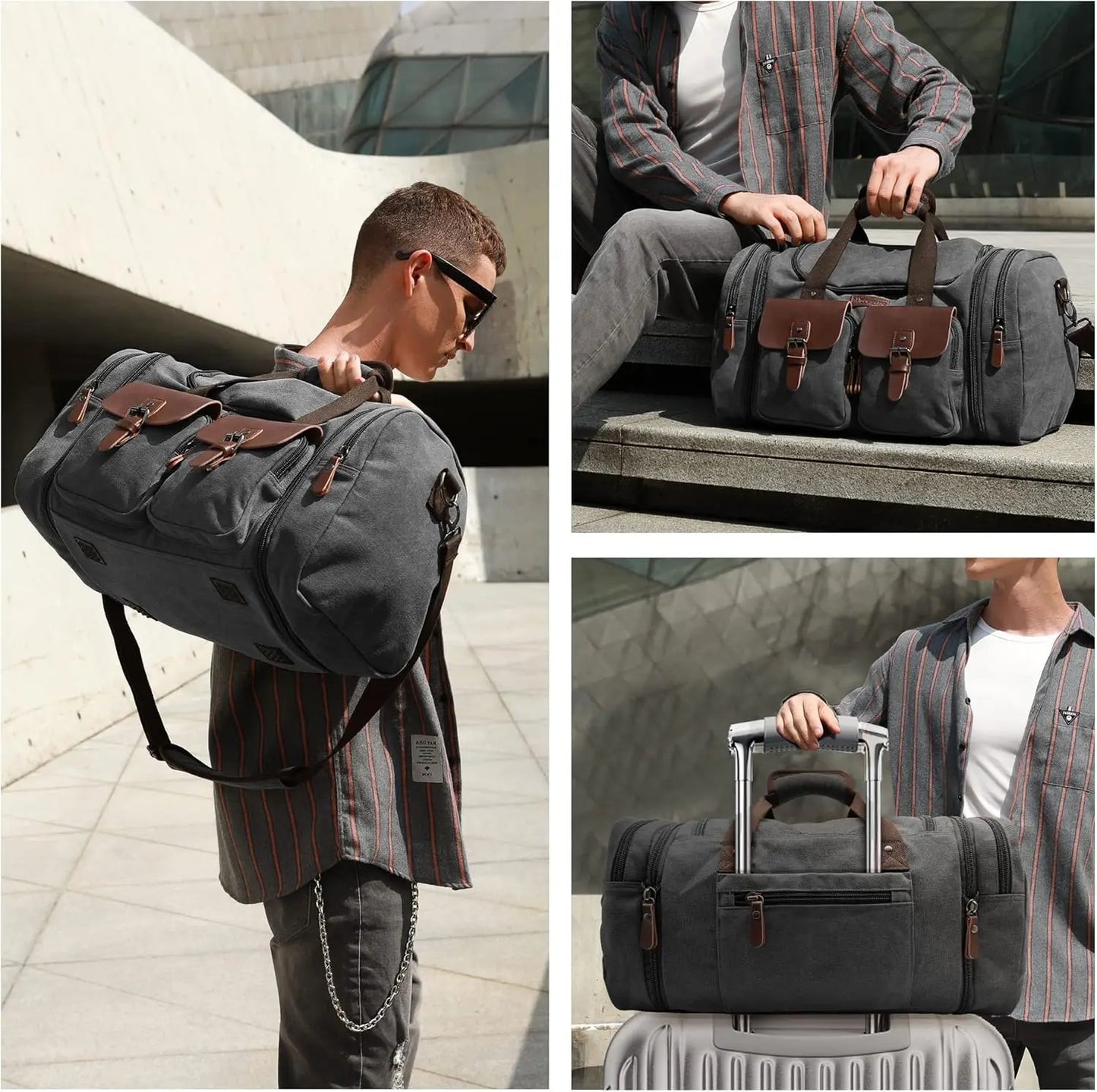 Expandable 60L Canvas Leather Duffle Bag, Waterproof Travel Weekender Carry-On with Shoe Compartment