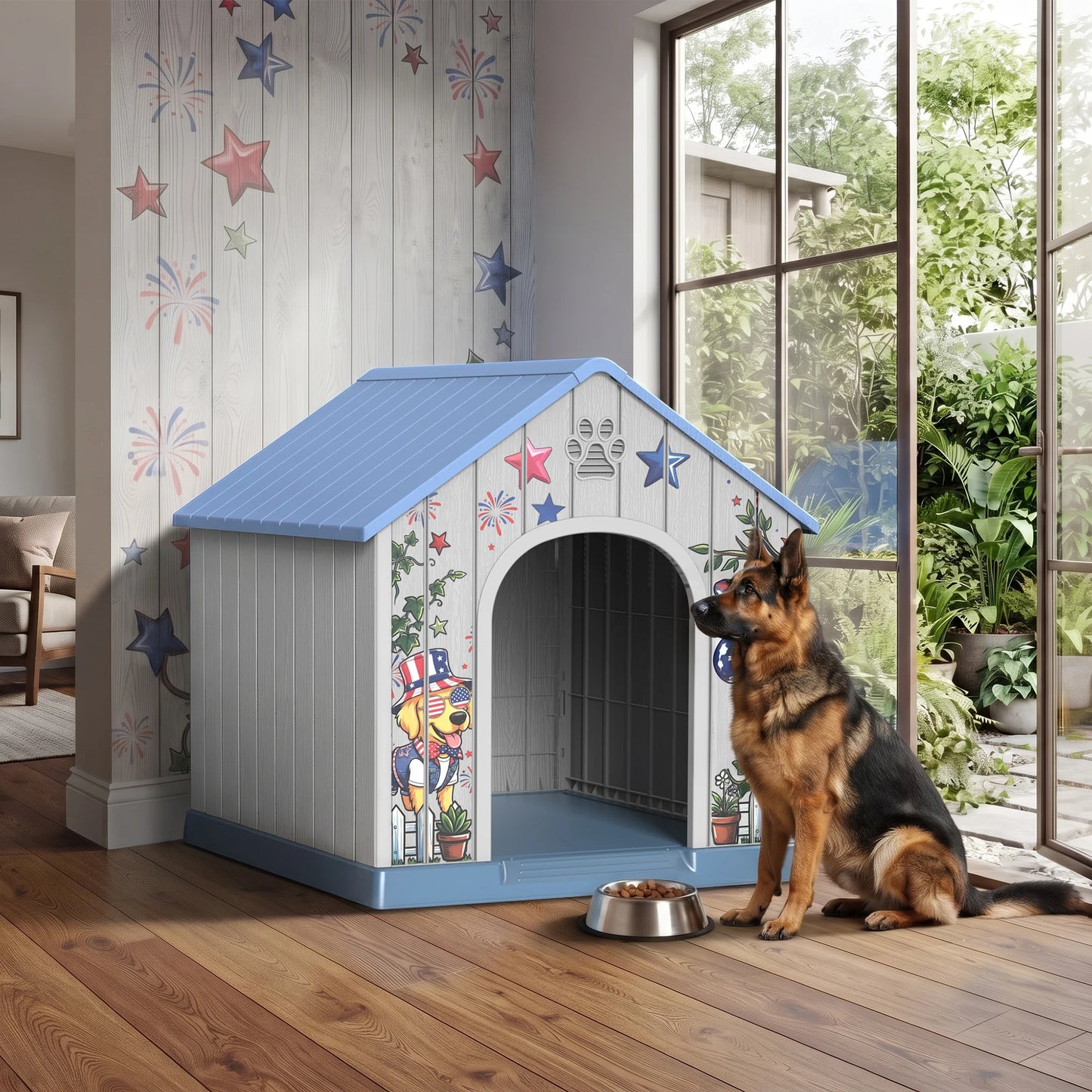 Weatherproof Outdoor Plastic Dog House With Printed Pattern Door Cover