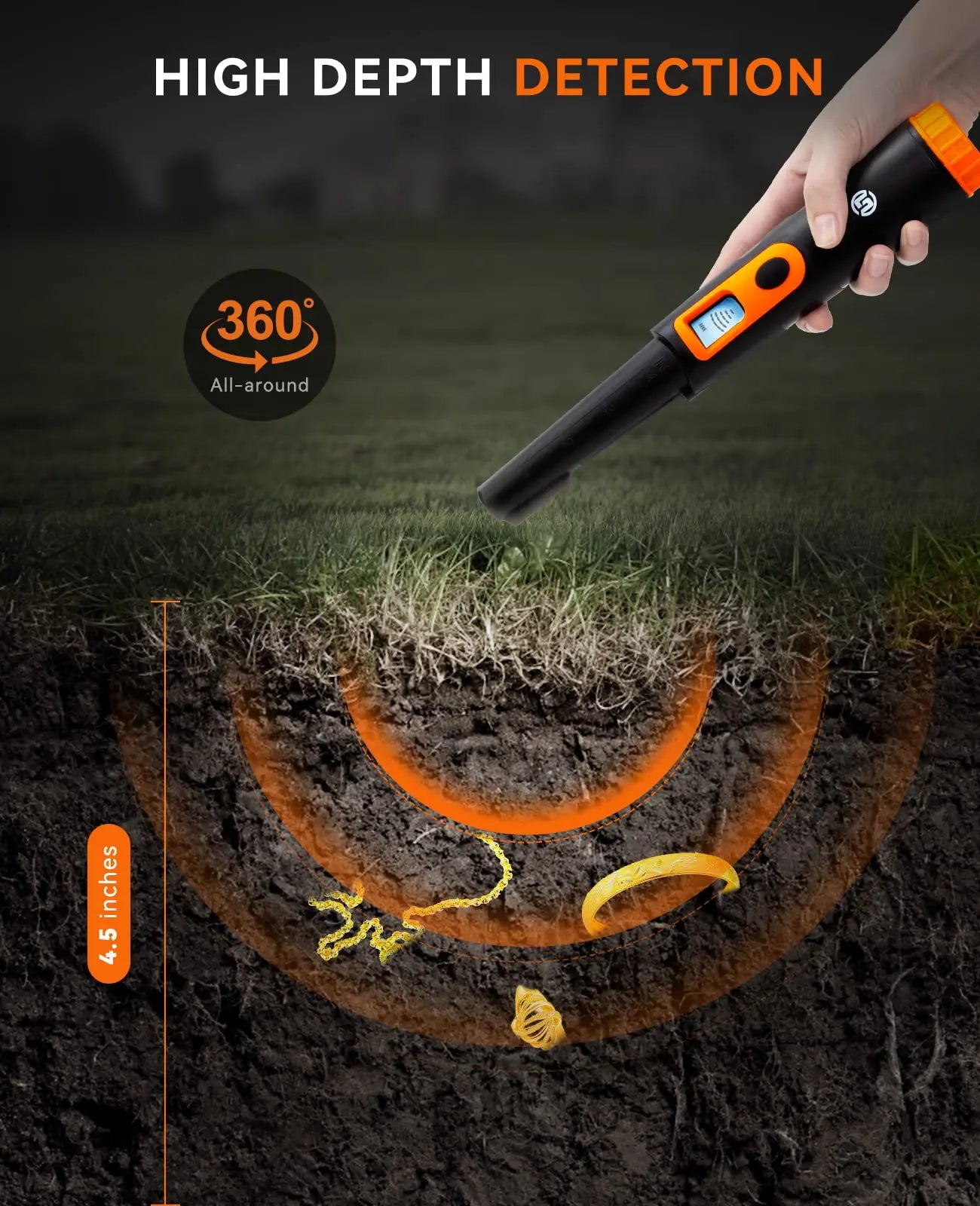 SUNPOW Pinpointer Metal Detector, IP68 Waterproof 360° Scan Metal Detector Wand with 4 Alert Modes for Treasure Hunting Gold Prospecting
