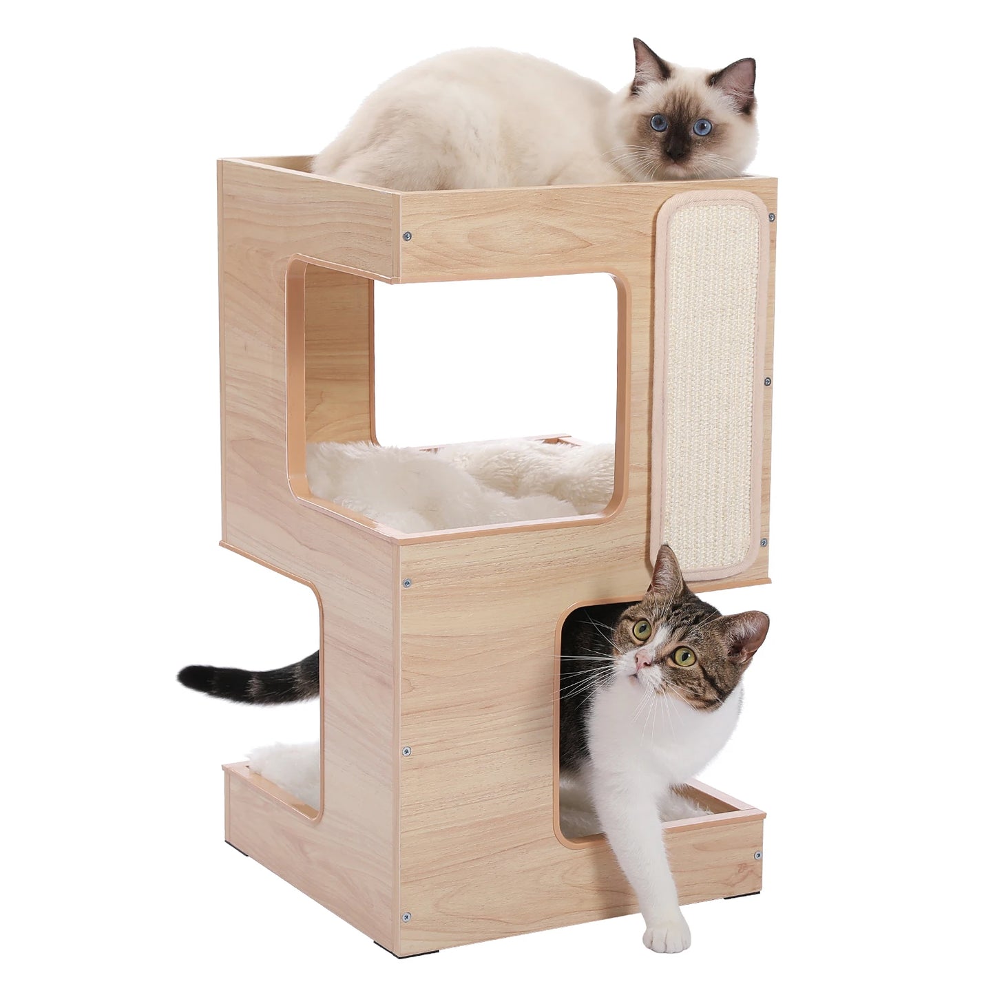 Give your cat a cozy retreat with this stylish wooden condo that doubles as a playful climbing tower at home.