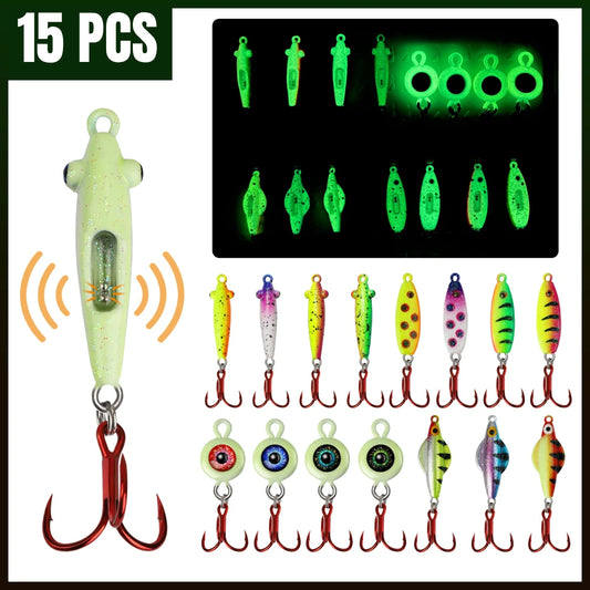 15PCS Ice Fishing Jigs Set - Glow In The Dark Ice Fishing Spoons With Rattling And Treble Hooks, Ice Fishing Lures Kit For Bass