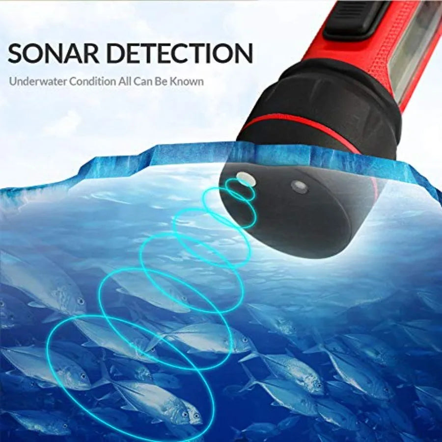 Portable ice fishing depth finder with temperature sensor, ABS plastic housing, blue LCD display, contour mapping and real-time