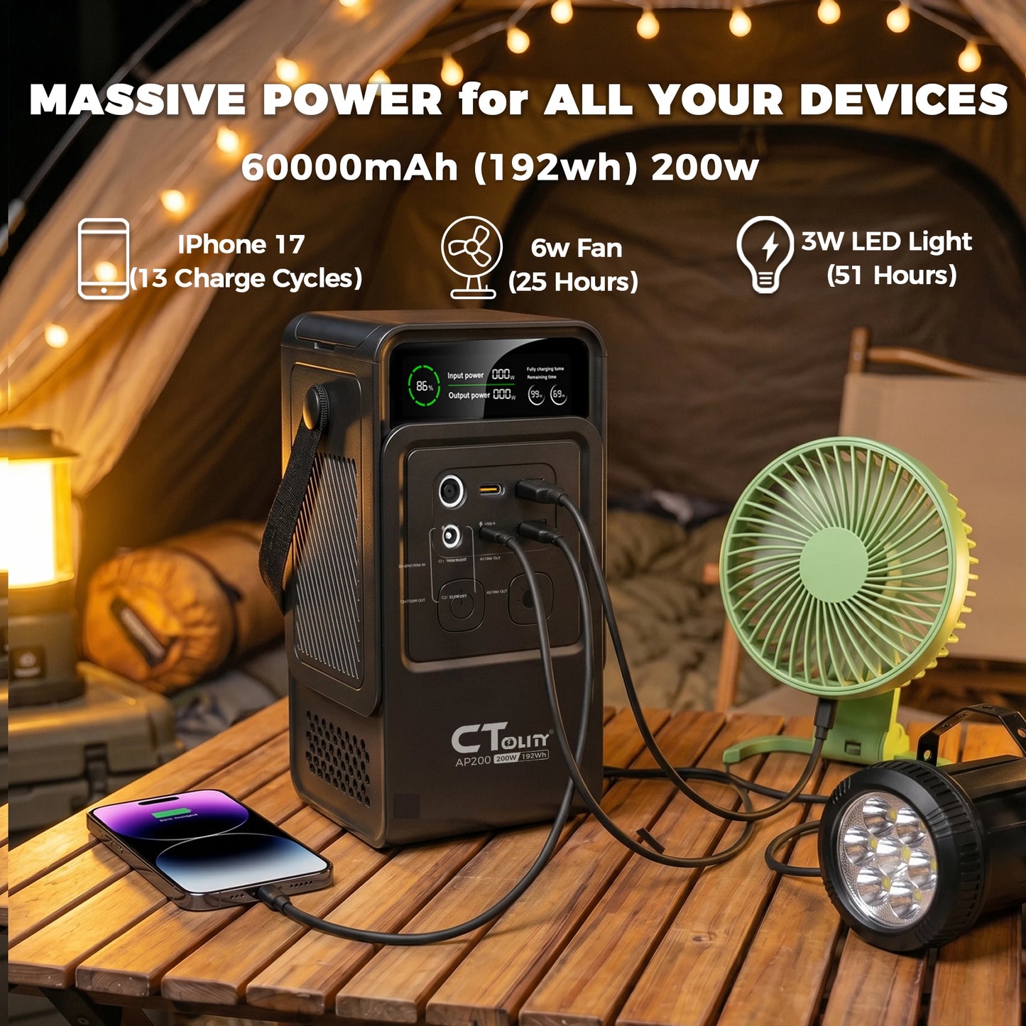 CTOLITY AP200 200W 192Wh Solar Generator Portable Power Station Camping 192Wh Lifepo4 Battery AC Outlets 60000mAh