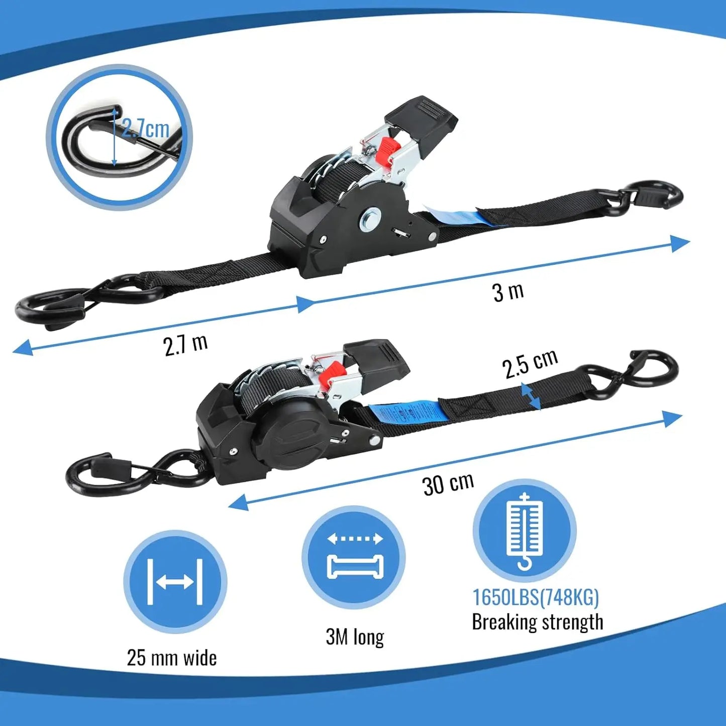 Automatic Ratchet Straps 3M X 25mm Self Retracting Tie Down Straps With S Hooks