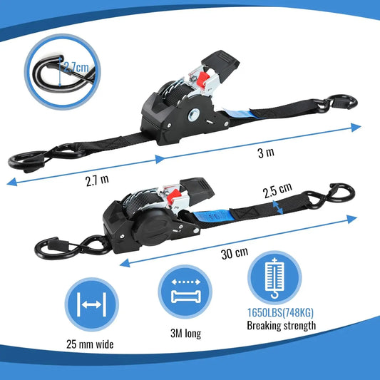 Automatic Ratchet Straps 3M X 25mm Self Retracting Tie Down Straps With S Hooks