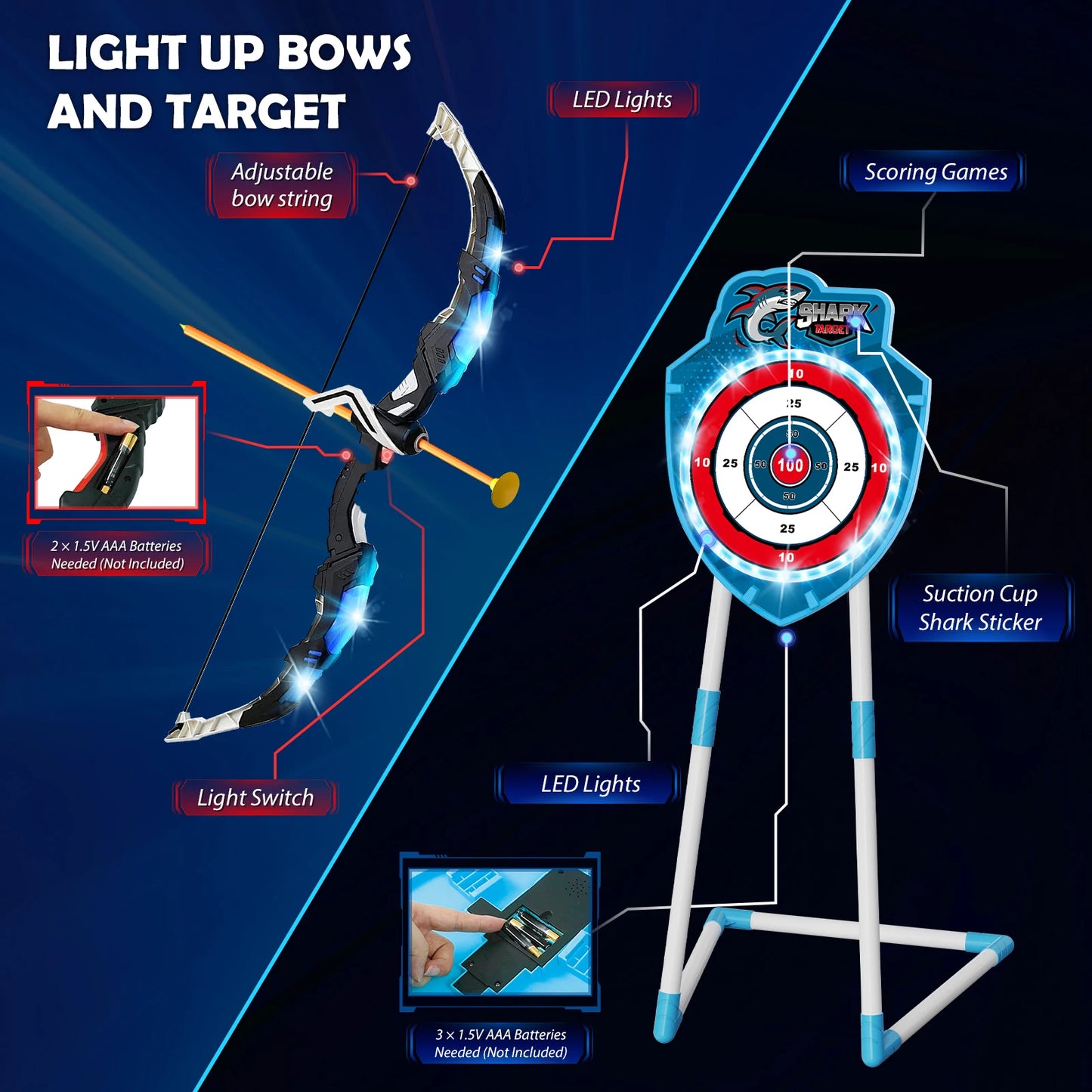 VATOS Night Light Bow Arrow Toy For Kids Archery Set Indoor Outdoor Game