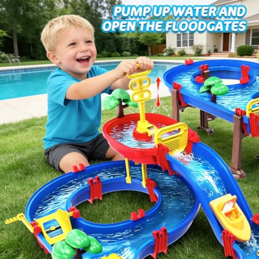 2-Tier Watermill Water Table Toys 124PCS Water Park Playset with Pump Waterwheel Summer Outdoor Water Toys Waterways for Backya