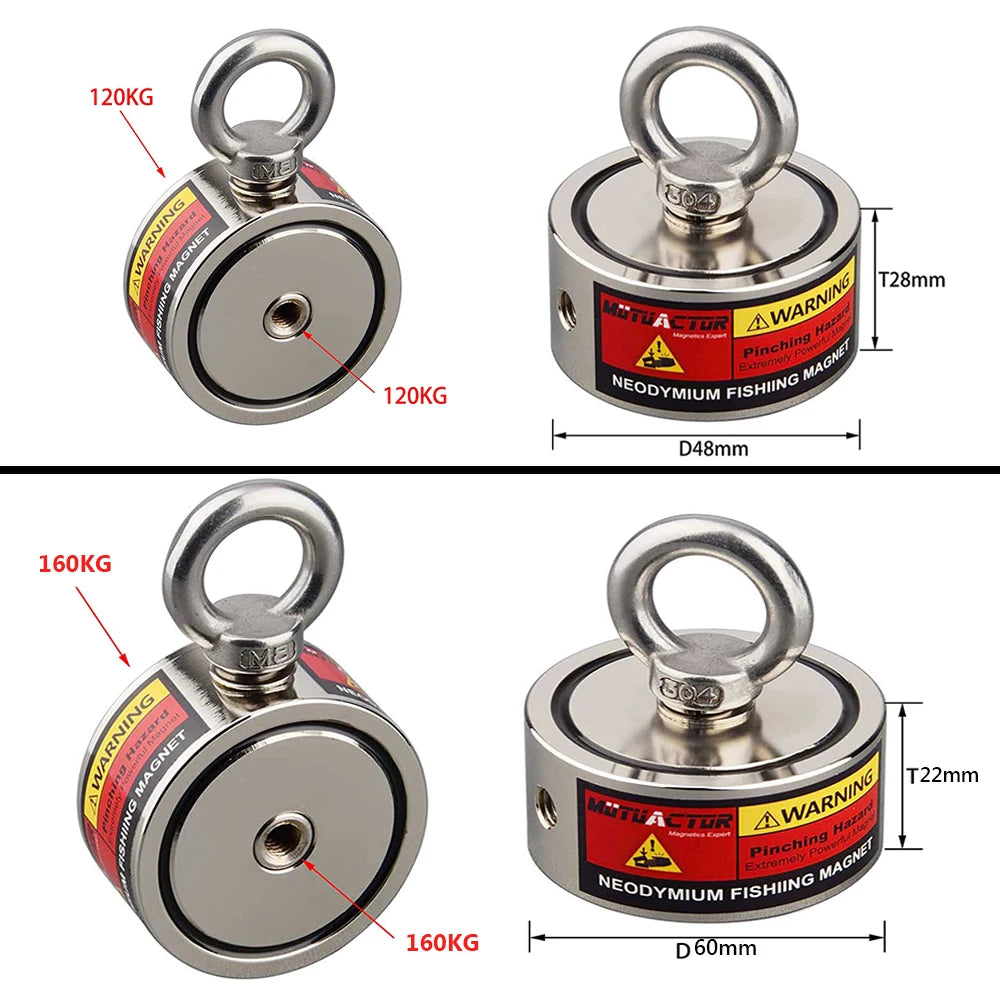 160KG*2 Strong Neodymium Magnet Double Side Search Magnetic Super Power Salvage Fishing Magnet with Searching Rope
