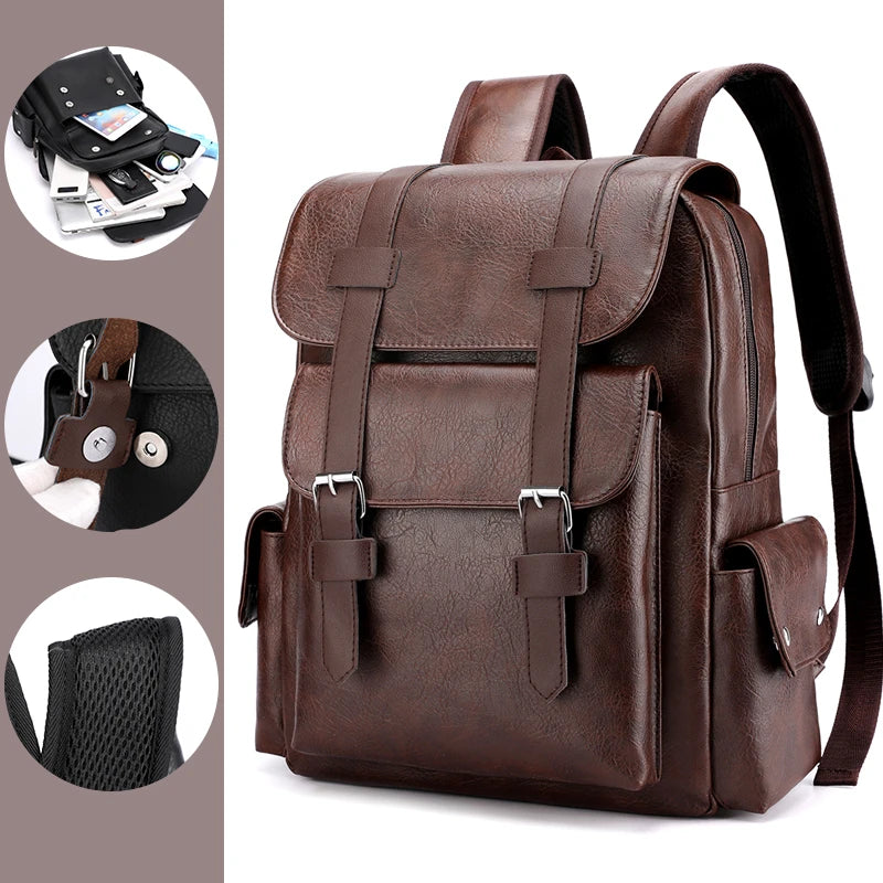 Large PU Leather Travel Backpack For Men And Teens With Laptop Compartment