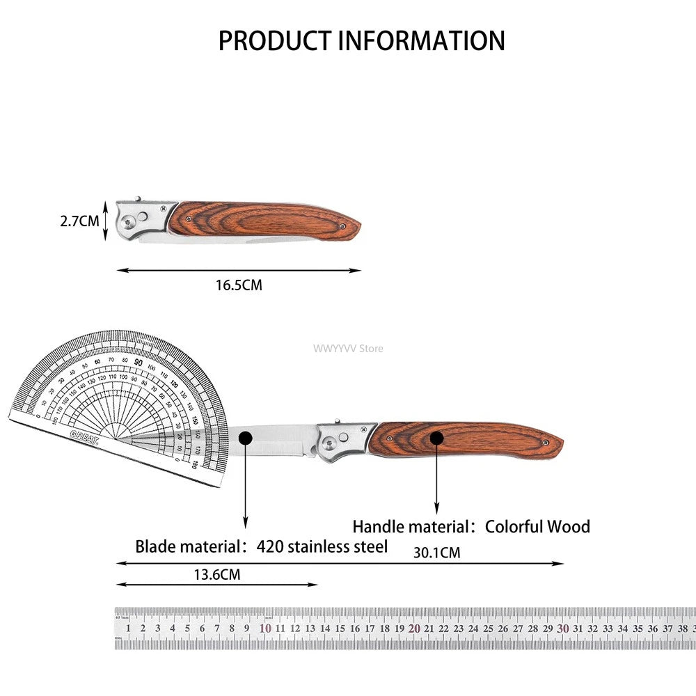 12-inch Large Assisted Opening Folding Knife, D2 Steel Blade, Wooden Handle, Nylon Sheath, Men's Outdoor Hiking Camping EDC Tool