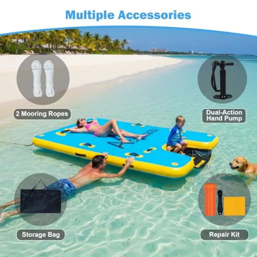 Portable inflatable water platform with dog ramp: heavy-duty 6 thick drop stitch floating dock for pets adults kids; ideal for