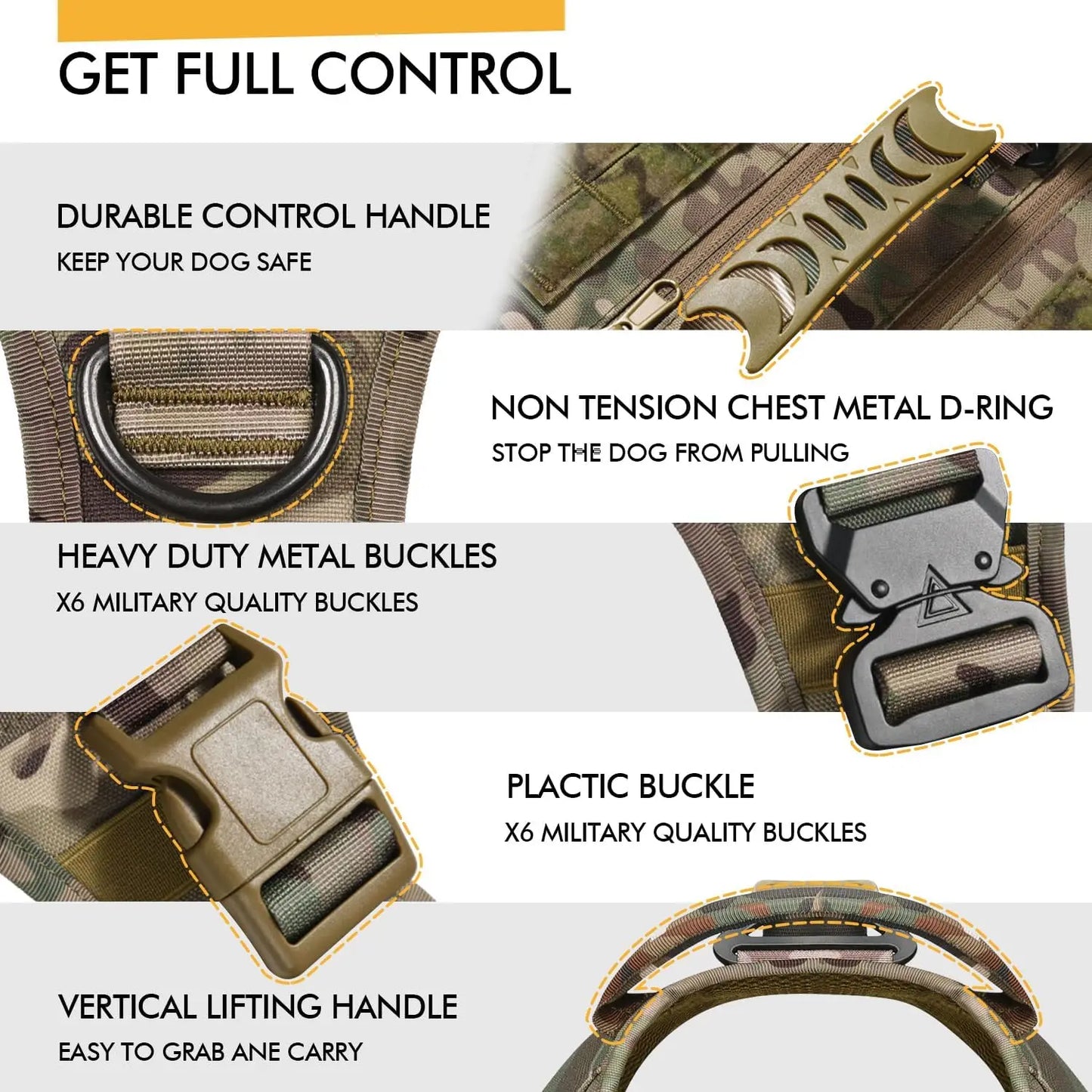 Adjustable No-Pull Tactical Dog Harness for Medium/Large Dogs, Camouflage with Handle & Pouches