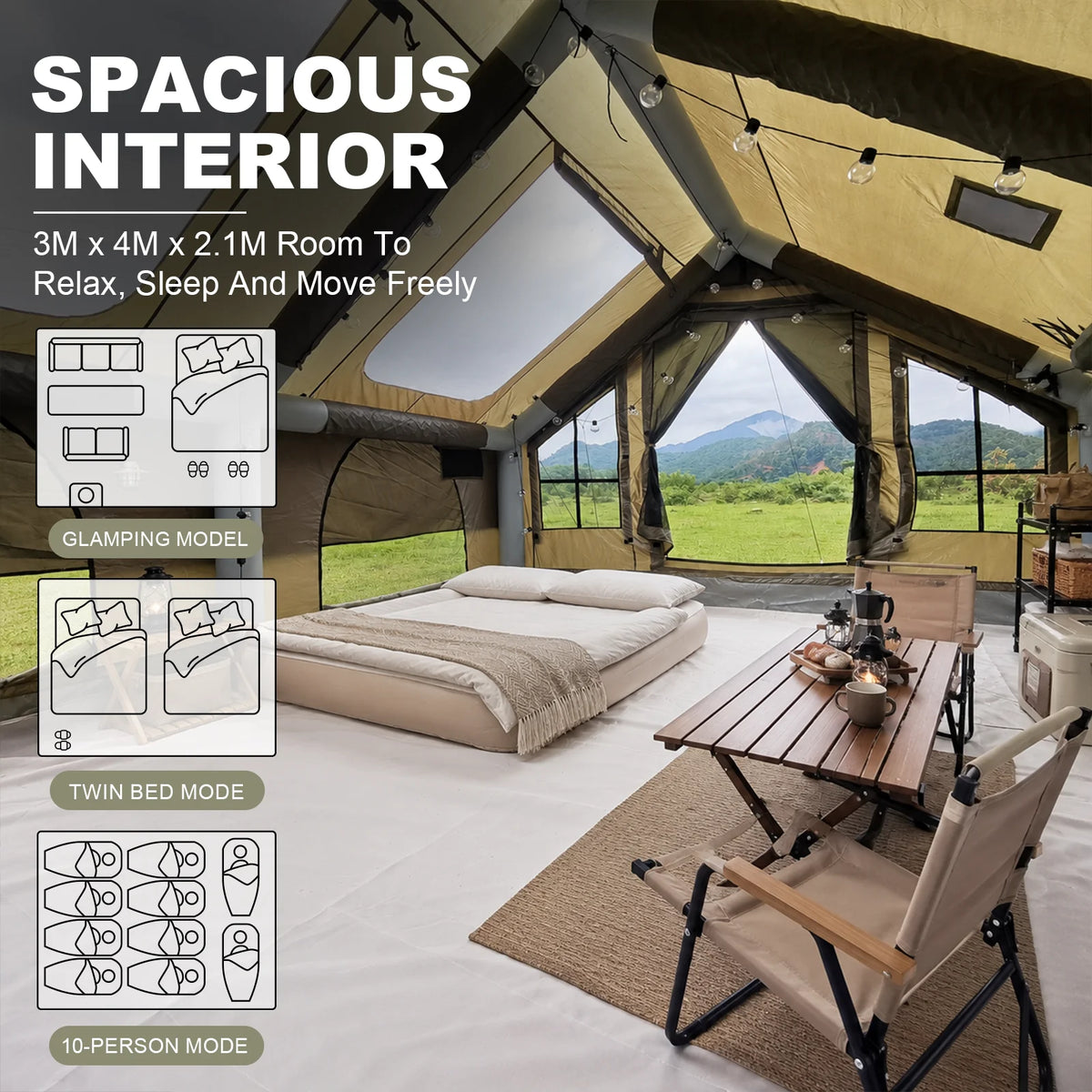 SENLEETO Large Inflatable Camping Tent 6-8 Person with Waterproof Mat,420D Oxford Glamping Hot Tent with Stove Jack AC Port,Easy Setup Blow Up Tent for Outdoor Camping