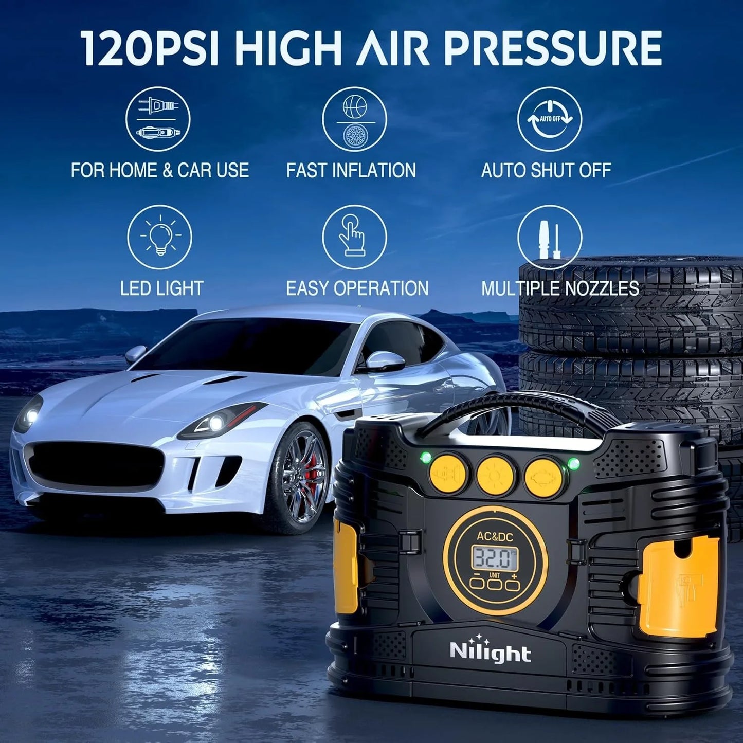 Nilight Tire Inflator Portable Air Compressor Dual Power for Car 12V DC and Home 110V AC Tires Pump Pressure Gauge Fast Inflate Auto Shutoff for Cars SUV Motorcycle Bicycle