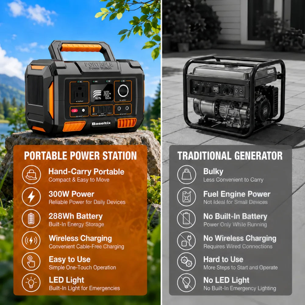 78000mAh Portable Power Station 300W, 228Wh Solar Power Generator Battery Backup with 110V AC Outlet, Wireless Charging, USB-C PD 60W, Emergency Power Supply for Camping, RV, CPAP, Outdoor Off-Grid
