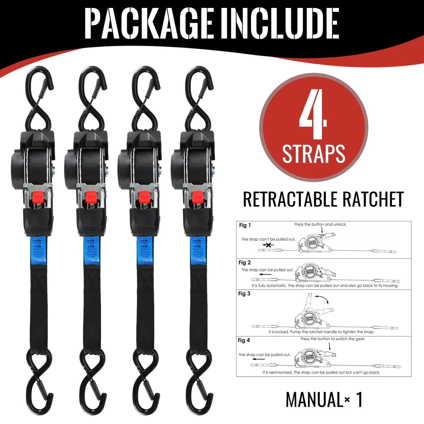 Automatic Ratchet Straps 3M X 25mm Self Retracting Tie Down Straps With S Hooks