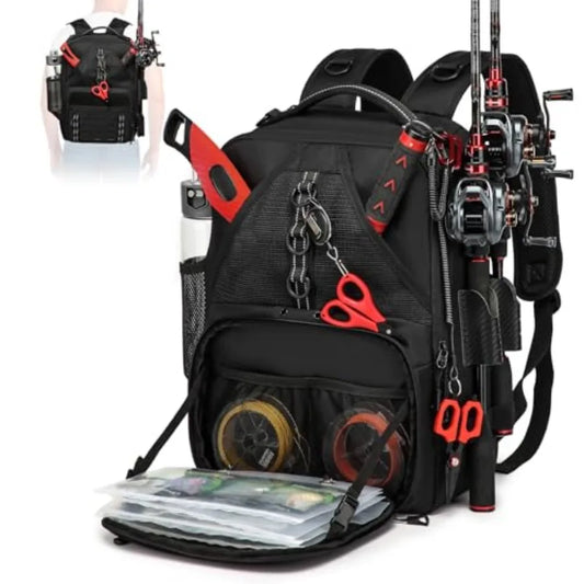 Fishing Tackle Backpack with Two Rod Holders Water Resistant Gear Bag