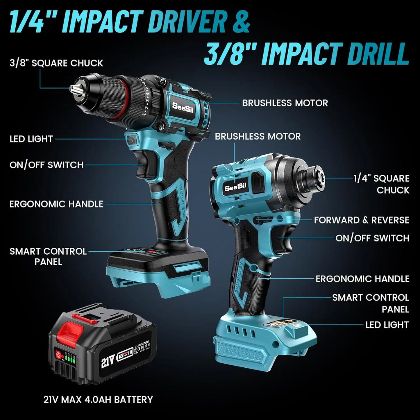 SEESII 21V Max Cordless Electric Drill and Impact Driver Screwdriver Tool 3/8'' Drill & 1/4'' Impact Driver 2x 4.0Ah Battery
