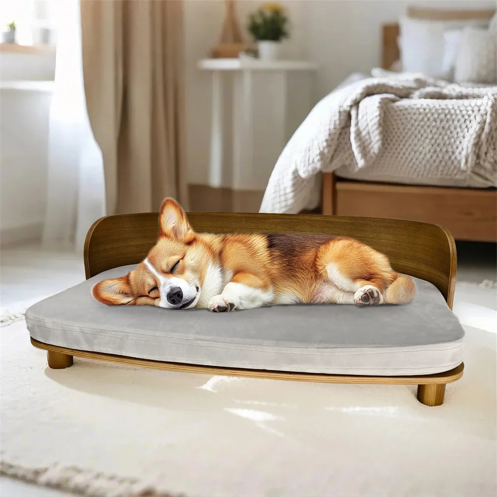 Elevate your pet's comfort with this stylish raised wood sofa that blends premium craftsmanship with contemporary design for calm, cozy naps and lasting comfort.