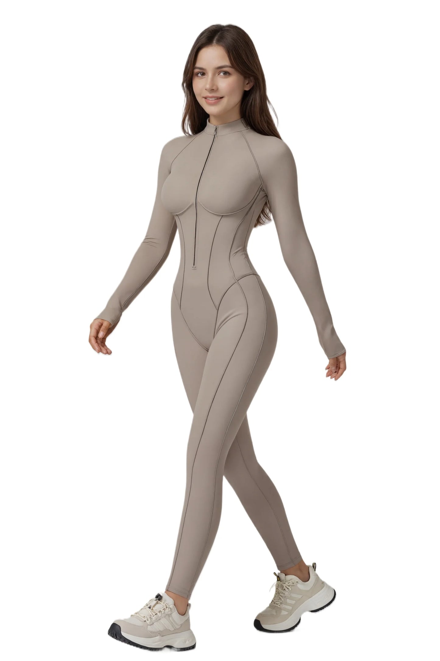 Zip Front Long Sleeve Yoga Pilates Jumpsuit Women Tummy Control Bodycon