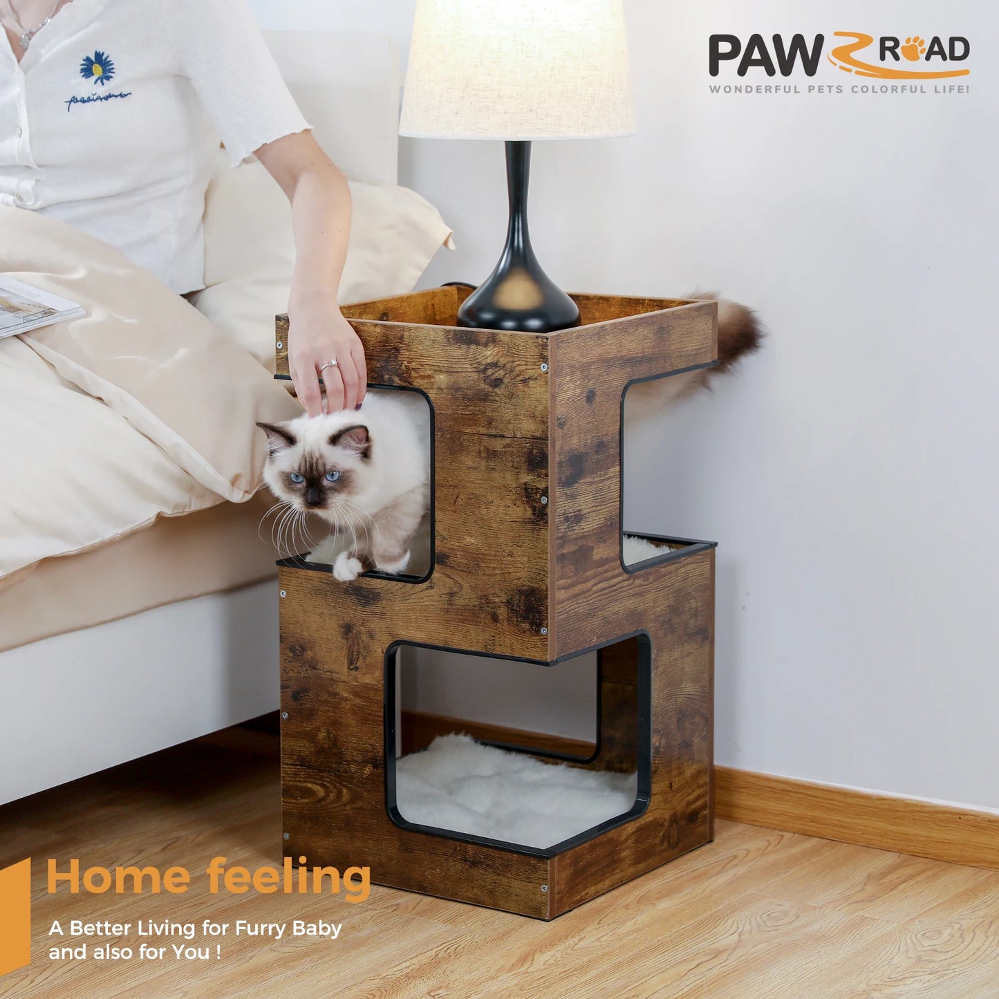 Give your cat a cozy retreat with this stylish wooden condo that doubles as a playful climbing tower at home.