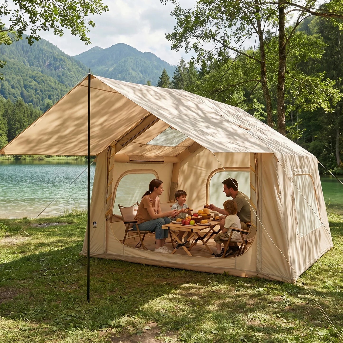 Quick Setup Inflatable Camping Tent for 6 People – Large Outdoor Shelter with Skylight and Canopy – Easy Blow Up Design- Well-Ventilated– 8 Square Size