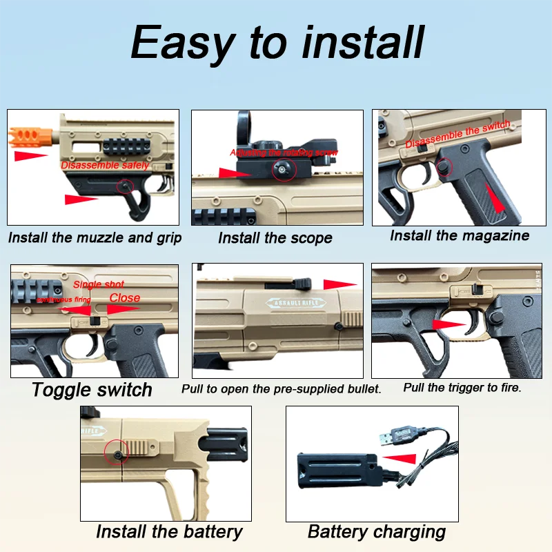 Rechargeable electric toy gun, equipped with a scope and bullet magazine - high performance - power air gun/RPG-style rifle, rea