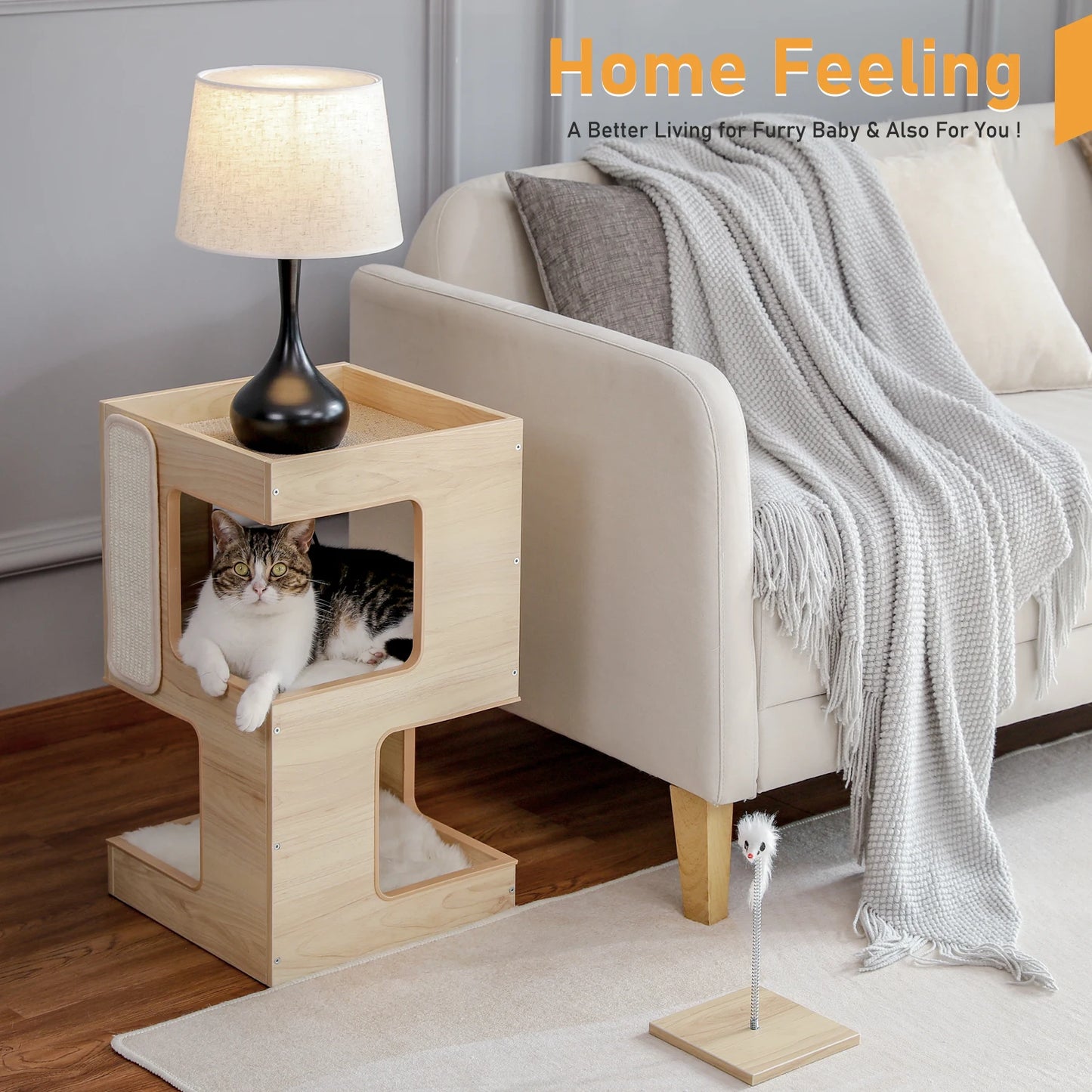 Give your cat a cozy retreat with this stylish wooden condo that doubles as a playful climbing tower at home.