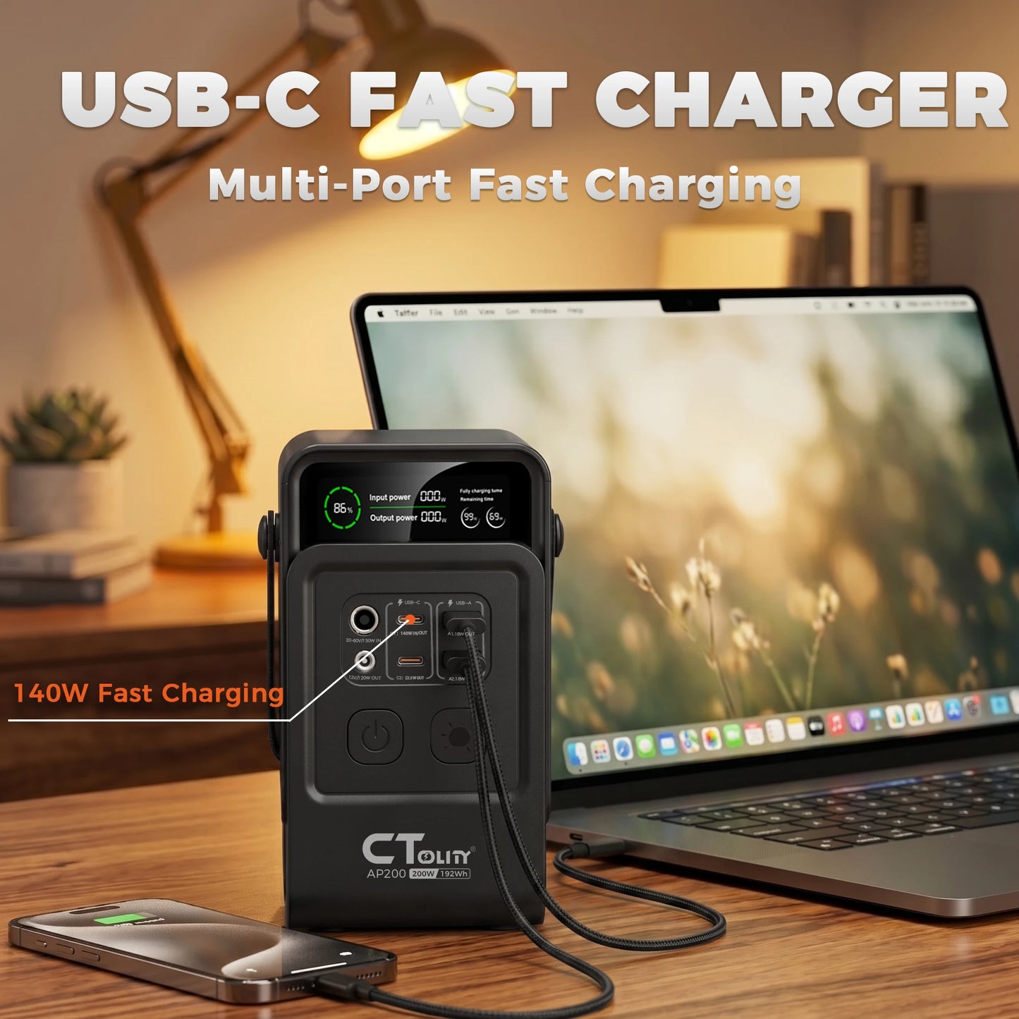 CTOLITY AP200 200W 192Wh Solar Generator Portable Power Station Camping 192Wh Lifepo4 Battery AC Outlets 60000mAh