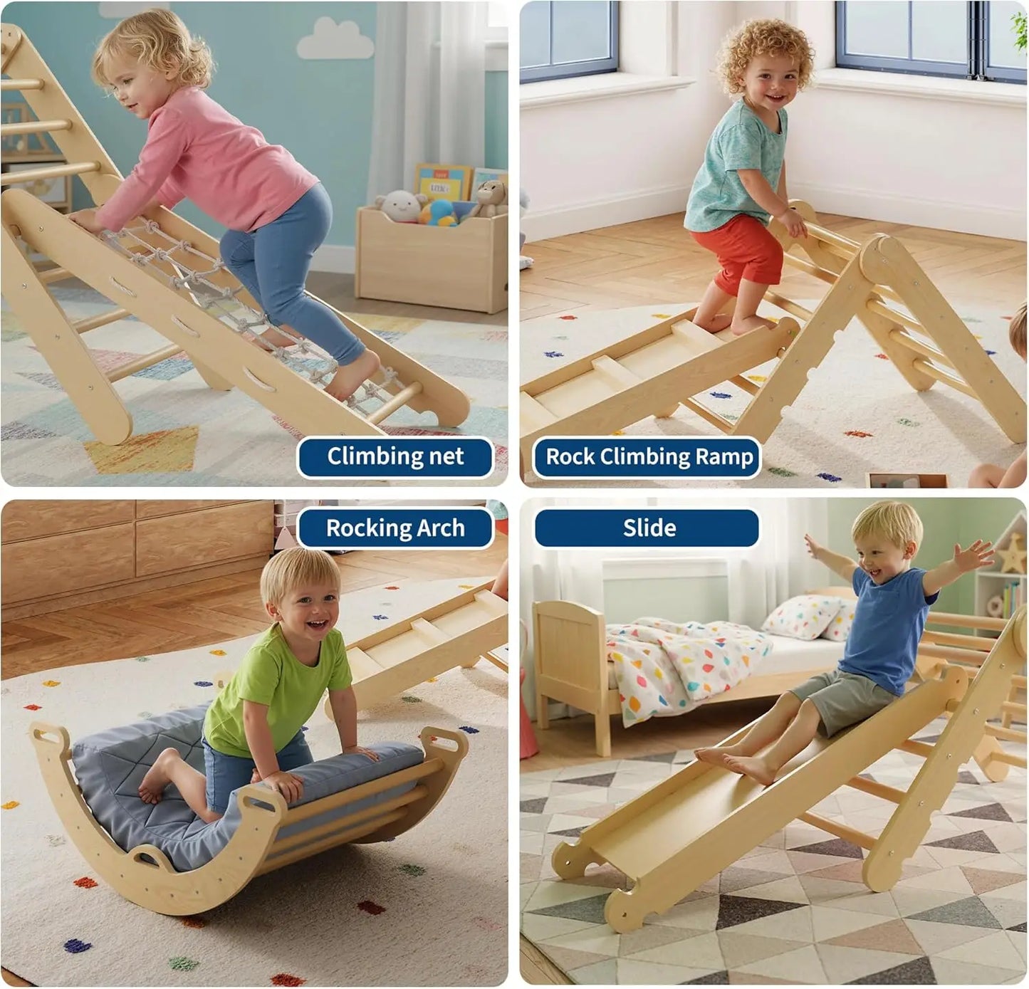 Collapsible Wooden Climbing Triangle Set For Toddlers With Arch Ramp And Ladder