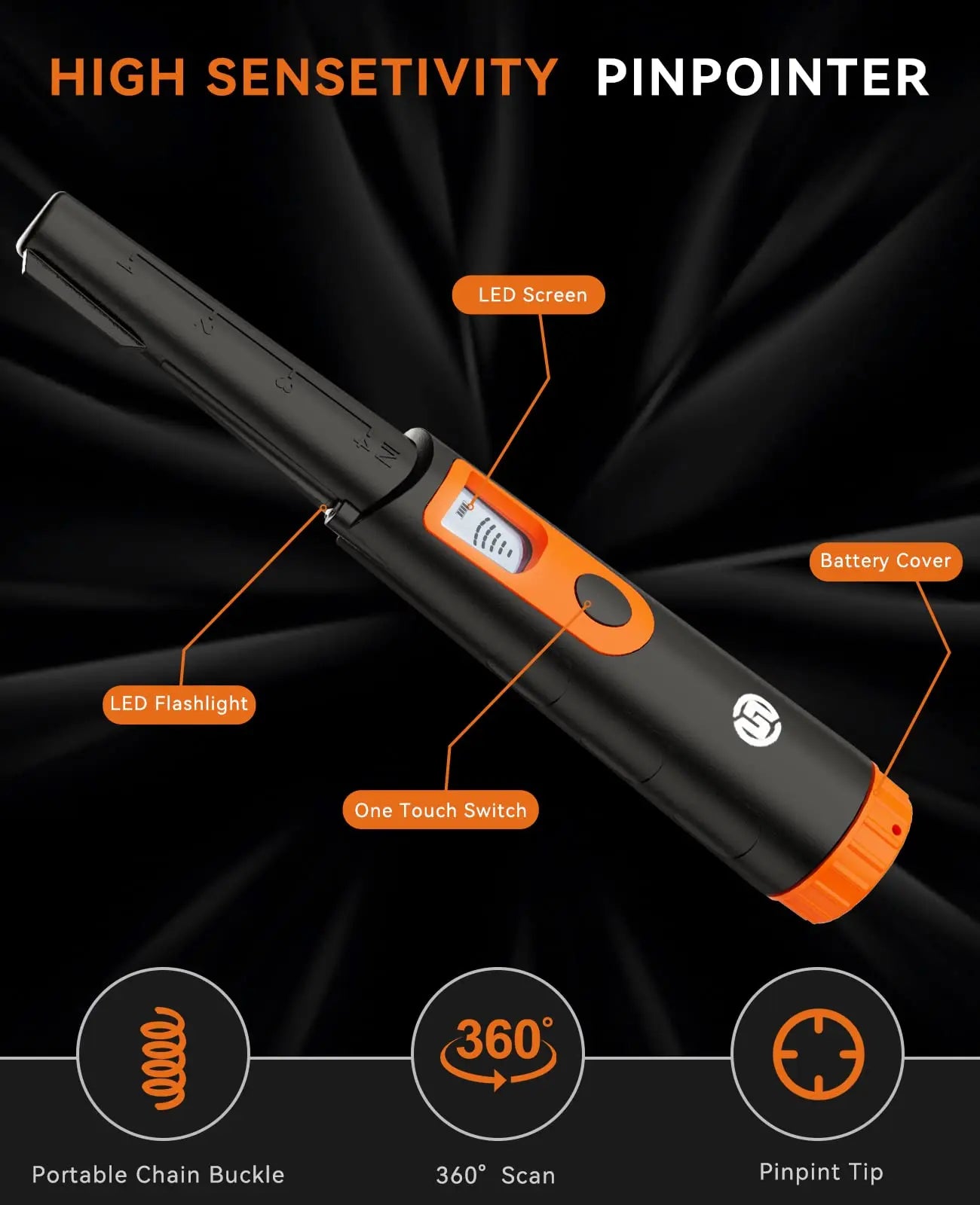 SUNPOW Pinpointer Metal Detector, IP68 Waterproof 360° Scan Metal Detector Wand with 4 Alert Modes for Treasure Hunting Gold Prospecting