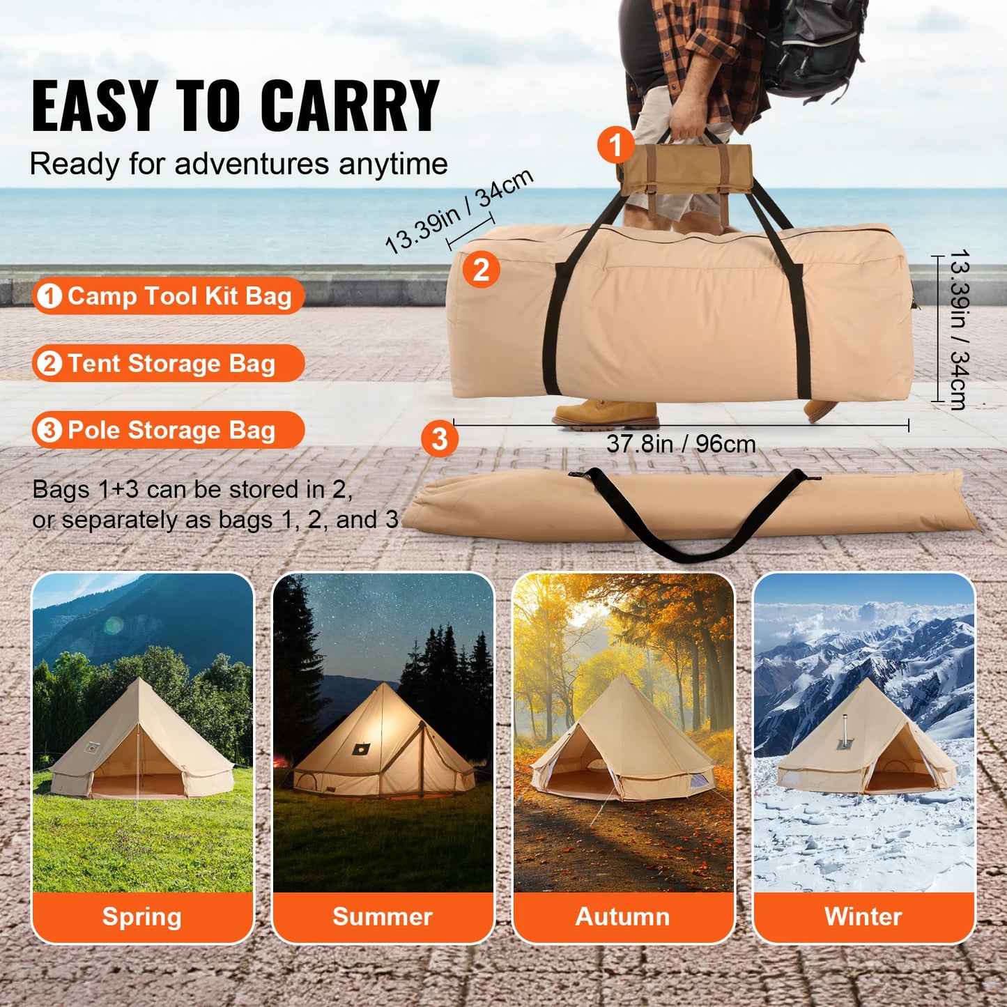 Elevate your outdoor gatherings with our spacious canvas bell tent designed for year-round comfort and effortless setup.