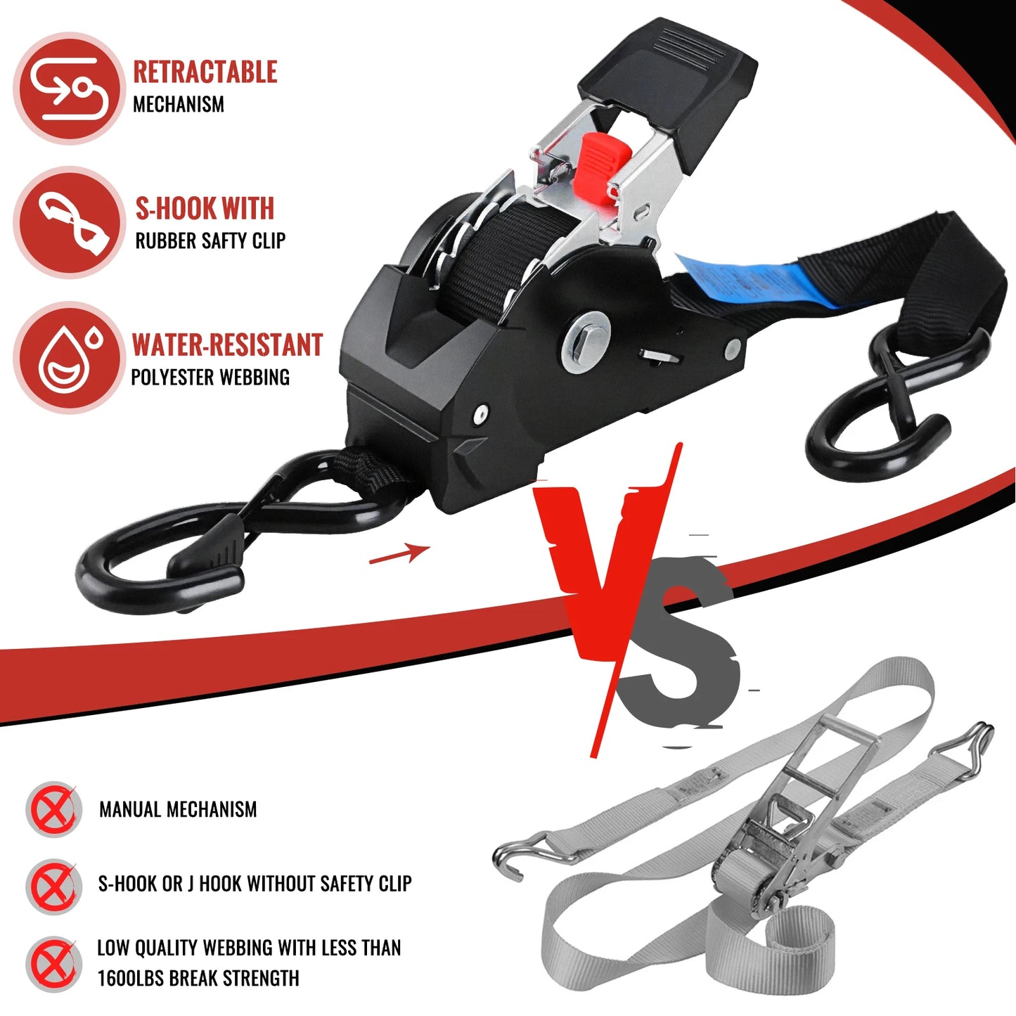 Automatic Ratchet Straps 3M X 25mm Self Retracting Tie Down Straps With S Hooks