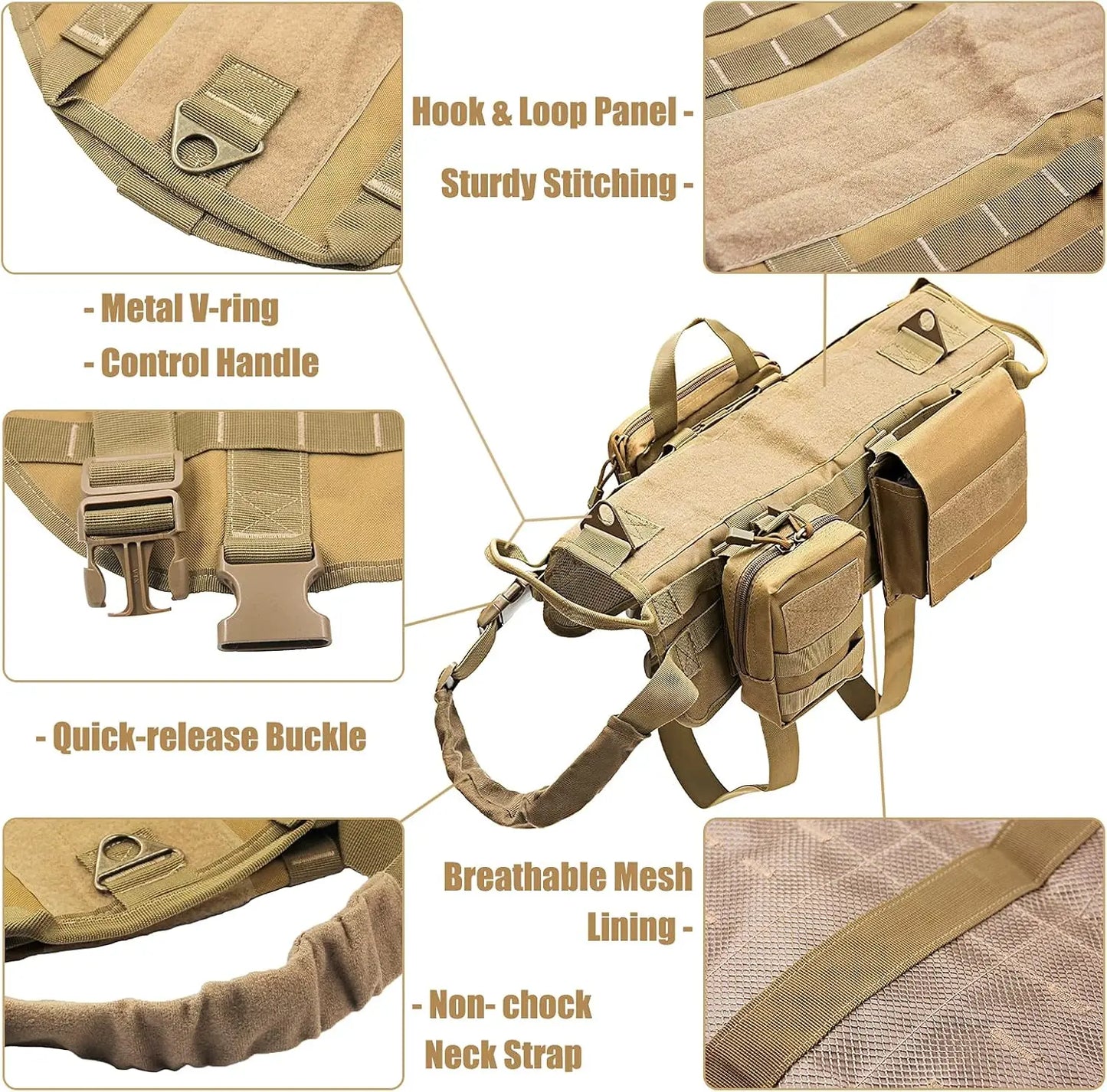 Adjustable Tactical Dog Harness with Pouches, No-Pull Vest for Large Medium Dogs, Handle for Walking Hiking Training (Khaki, L)