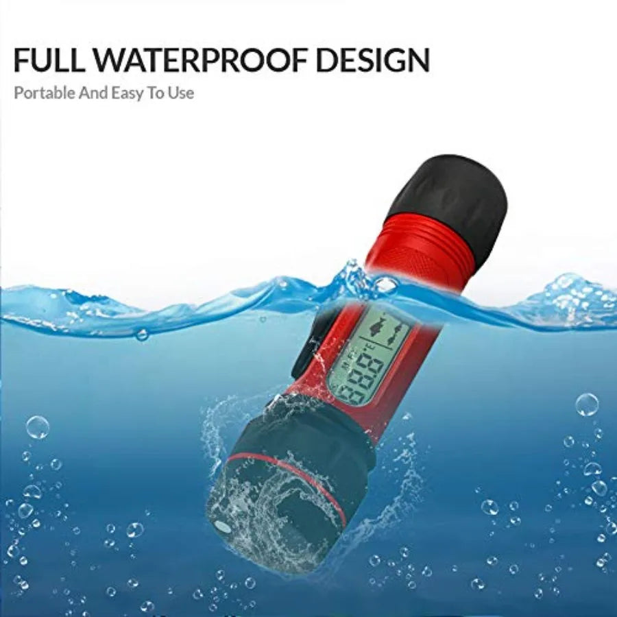 Portable ice fishing depth finder with temperature sensor, ABS plastic housing, blue LCD display, contour mapping and real-time