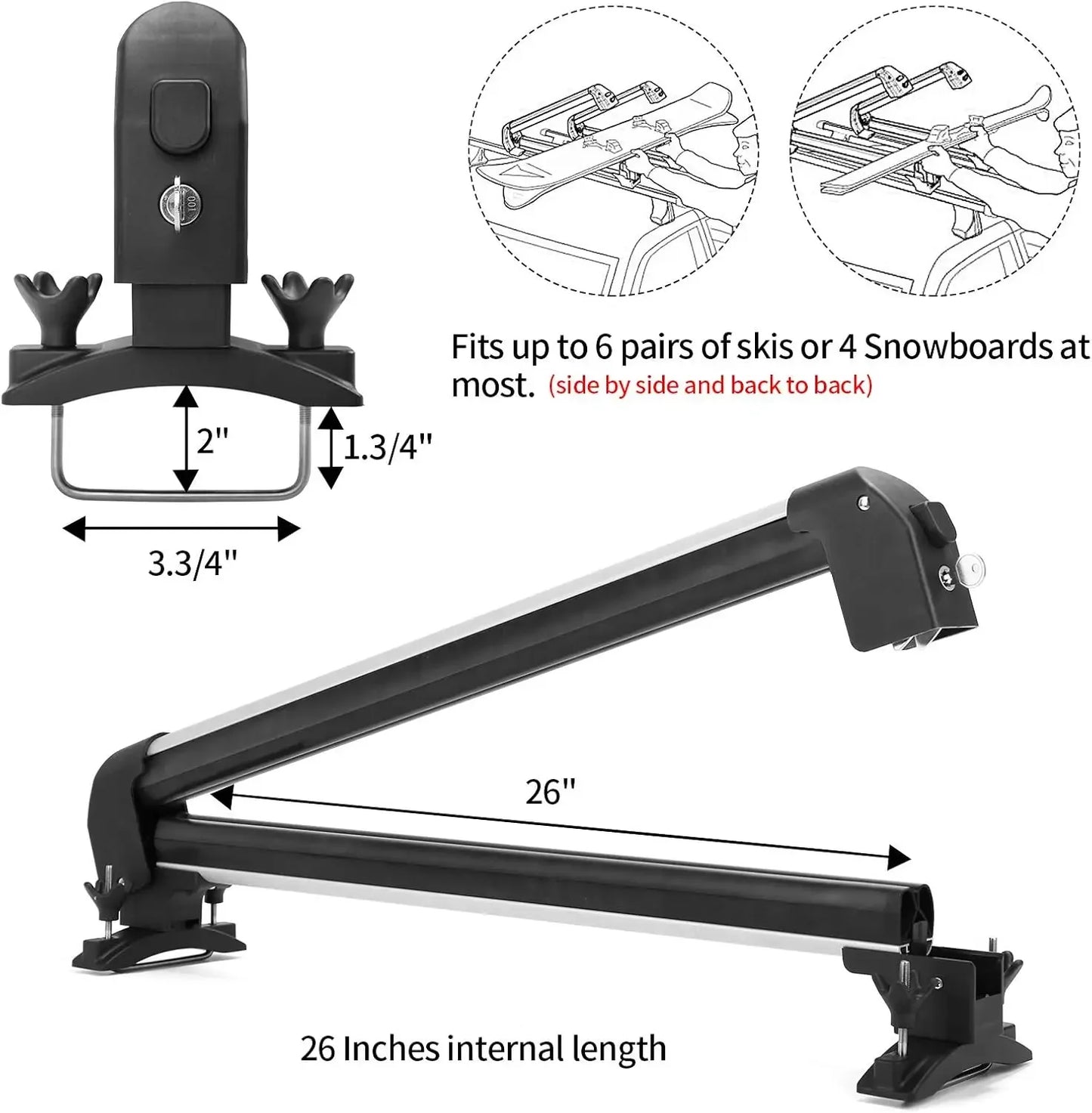 Car Ski Snowboard Roof Racks, Fits Up to 6 Pairs of Skis or 4 Snowboards, 2 PCS Universal Ski Roof Rack Carriers Snowboard Top H