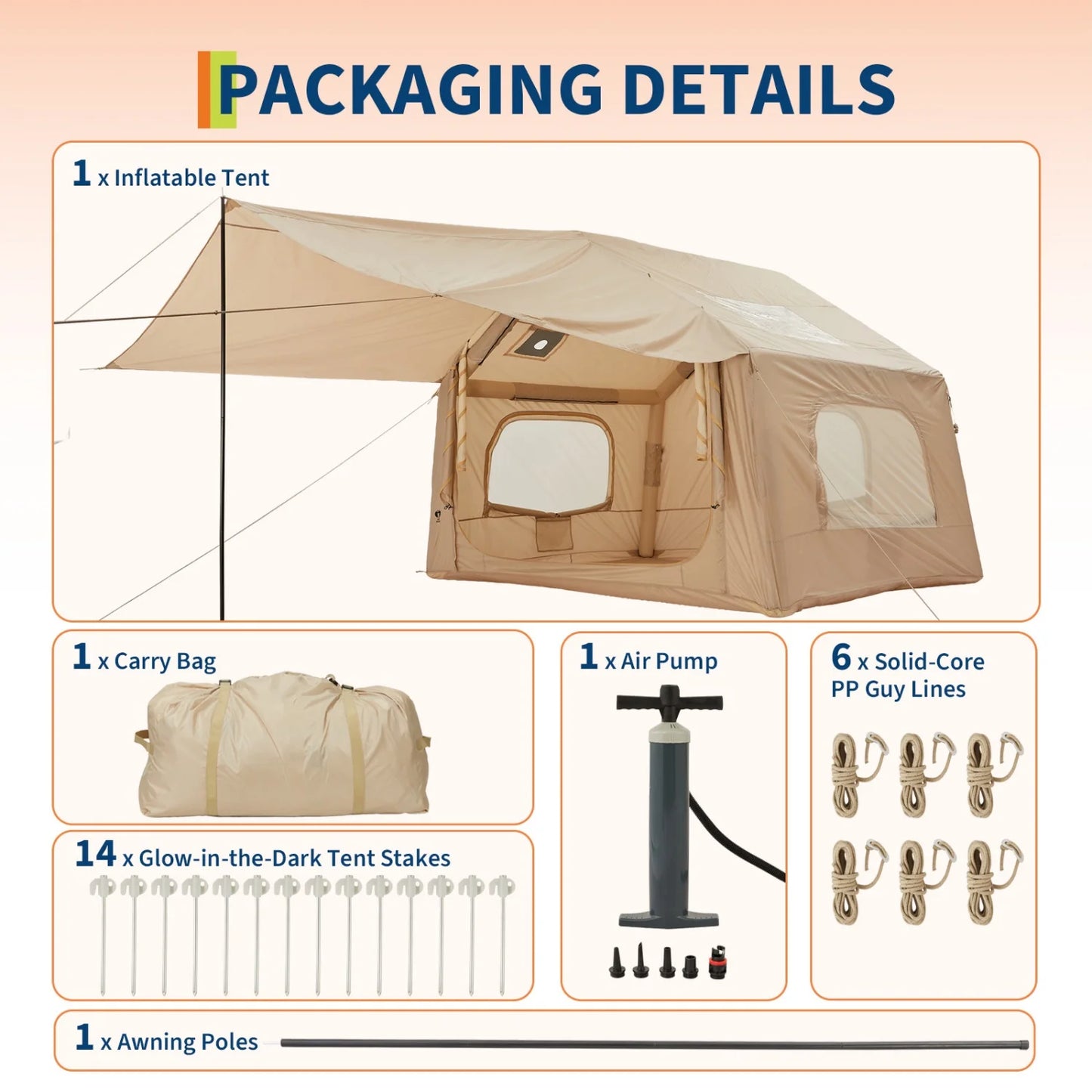 Quick Setup Inflatable Camping Tent for 6 People – Large Outdoor Shelter with Skylight and Canopy – Easy Blow Up Design- Well-Ventilated– 8 Square Size