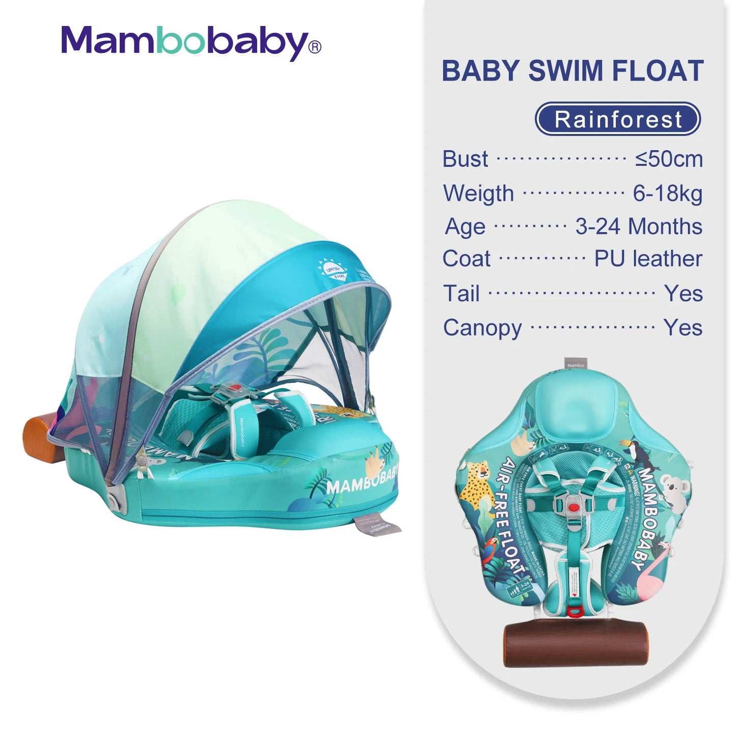 Mambobaby Animal Float Non-Inflatable Safe Solid Core Baby Swimming buoy Water Trainer Infant Pool Floator Swim Ring with Canopy