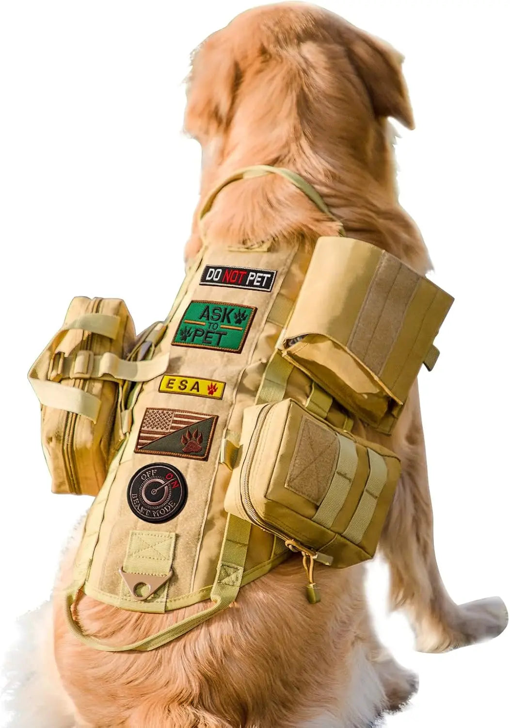 Adjustable Tactical Dog Harness with Pouches, No-Pull Vest for Large Medium Dogs, Handle for Walking Hiking Training (Khaki, L)