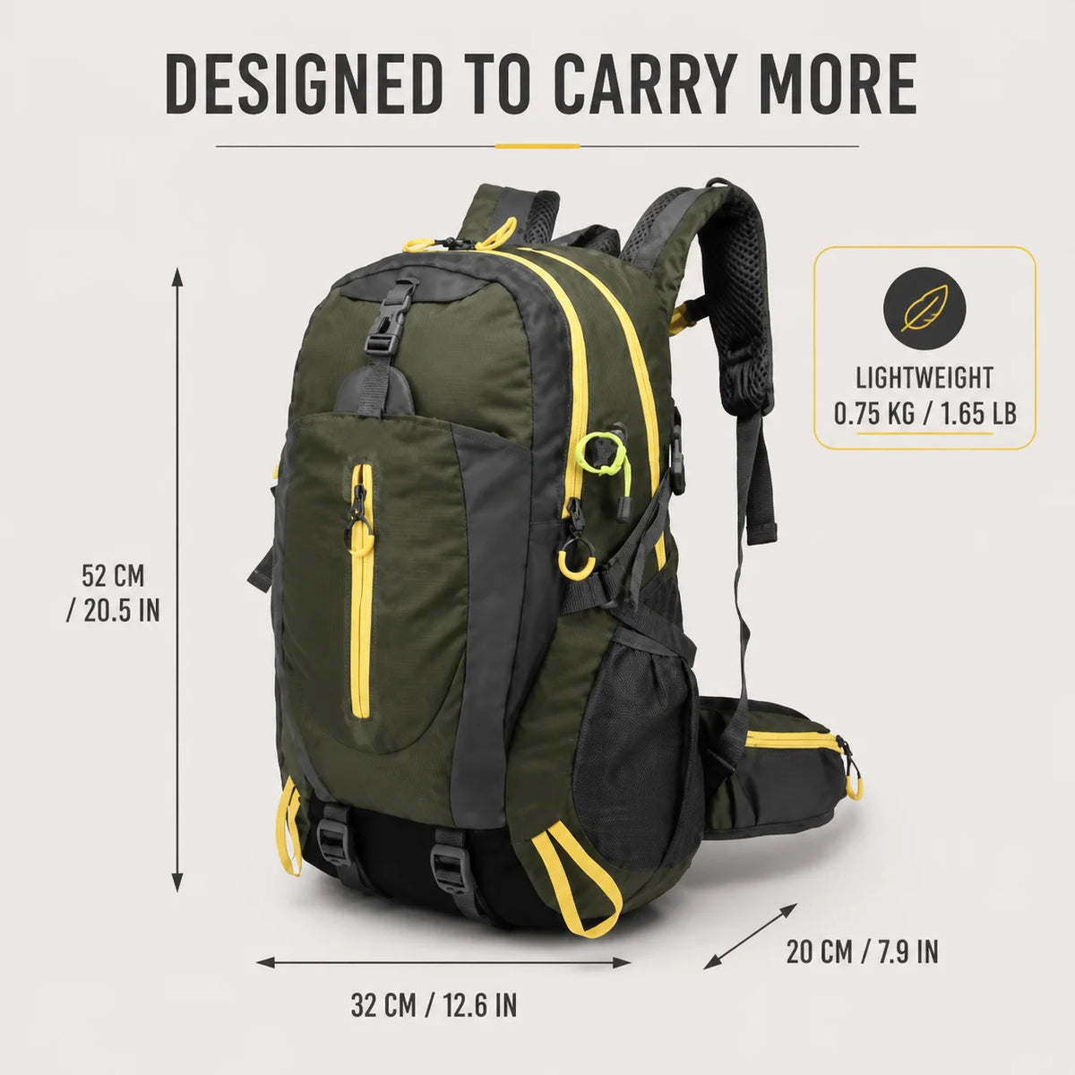 Military Green Hiking Backpack 36L Daypack With Mesh Pockets For Travel Camping