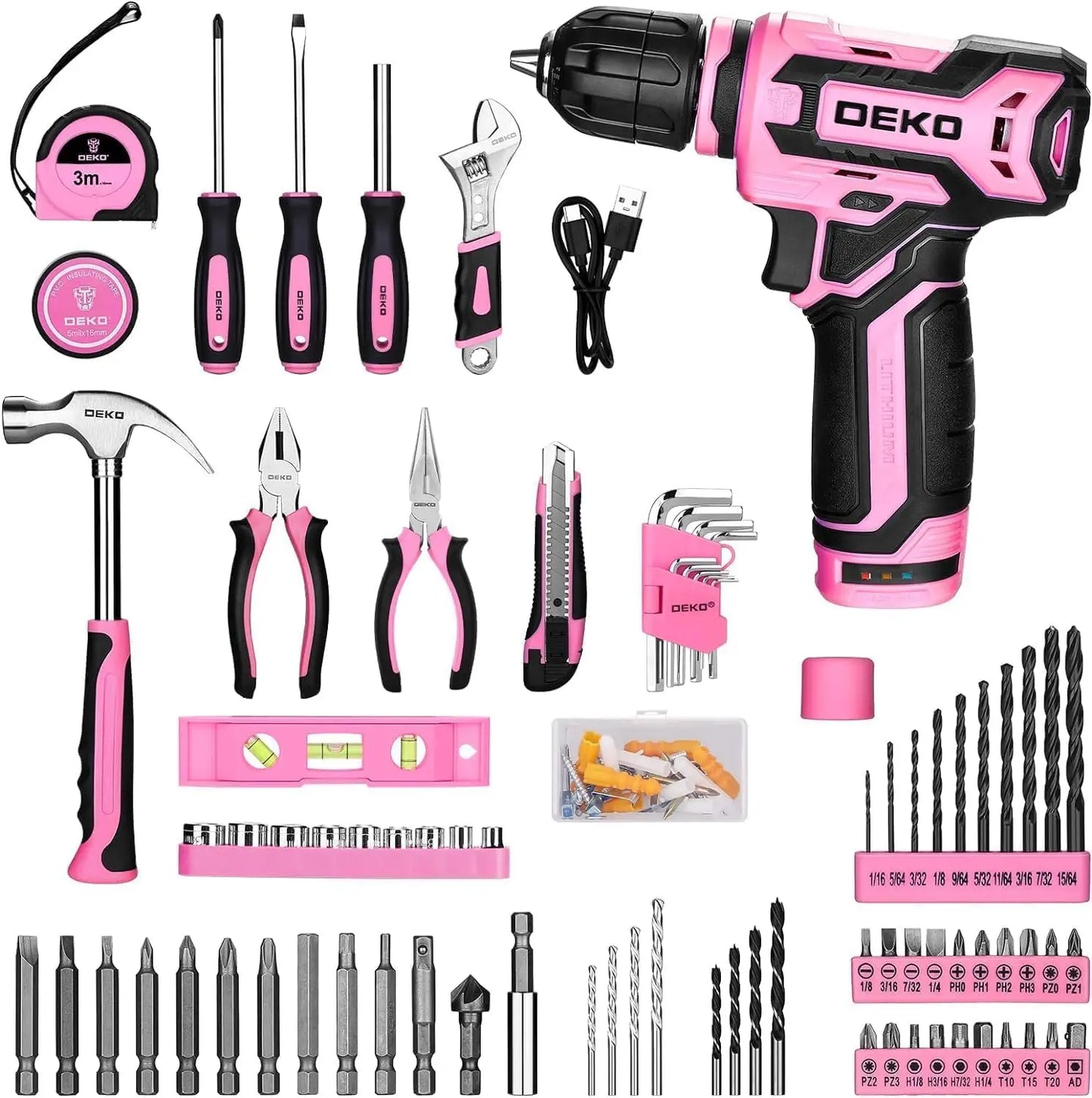 Pink Cordless Drill Tool Set Kit for Women, 12V Electric Drill Driver with Toolbox for Home Repair and DIY Projects