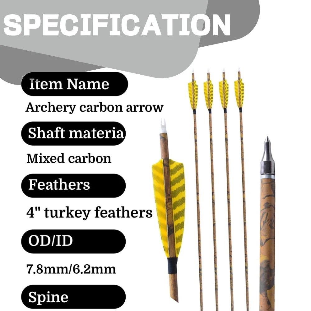 Spine 500 Carbon Arrows 31.5" Camo Color ID6.2mm Arrow Shaft 100 grain Arrowhead for Bow Hunting Shooting Target 6/12pcs