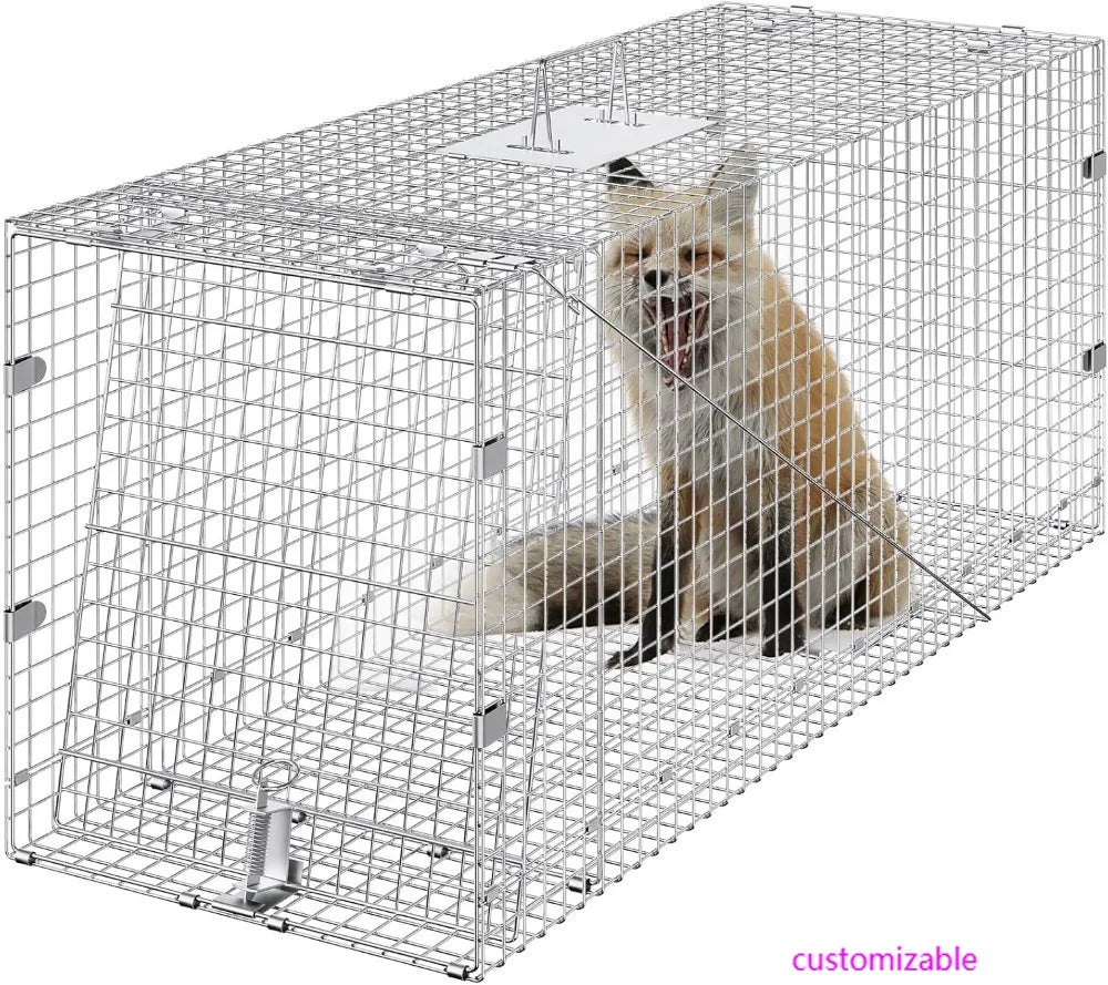 Humane Animal Trap Cage 42x16x18 Galvanized Iron Folding Live Cat Raccoon Fox Dog Capture