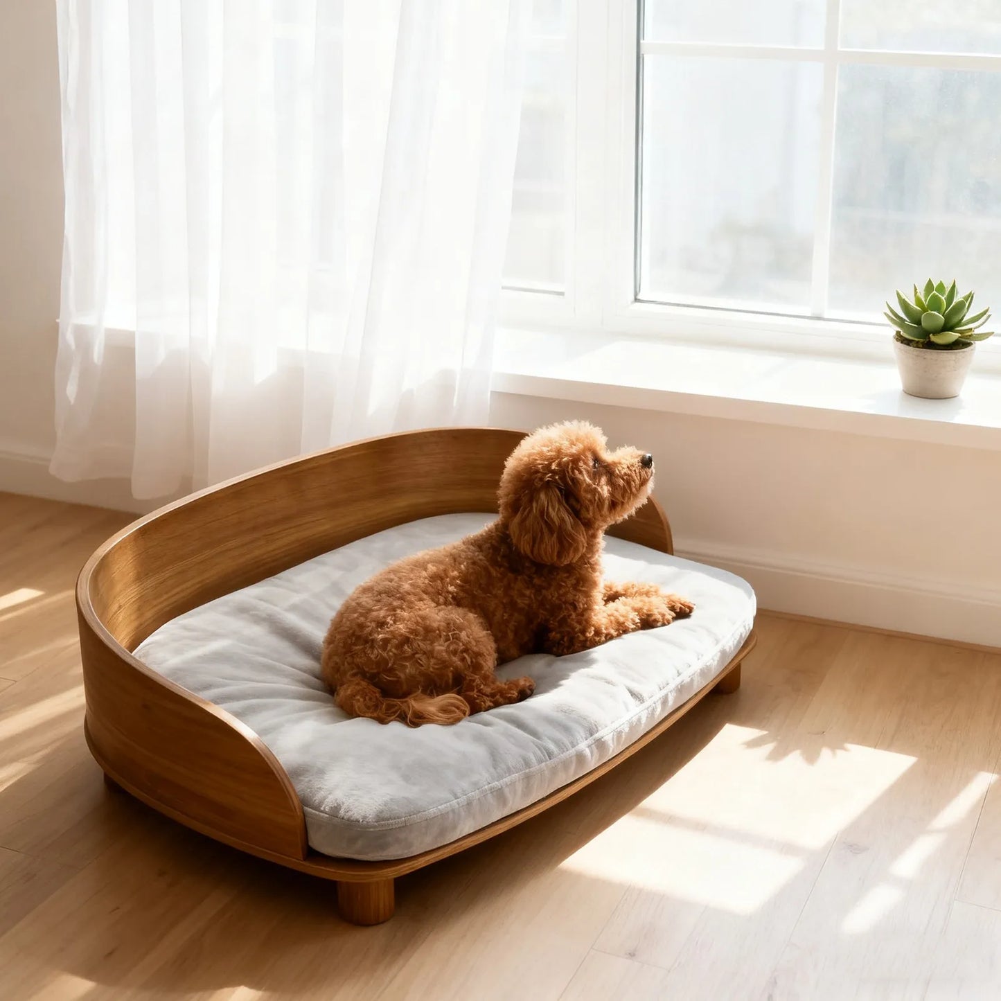 Elevate your pet's comfort with this stylish raised wood sofa that blends premium craftsmanship with contemporary design for calm, cozy naps and lasting comfort.