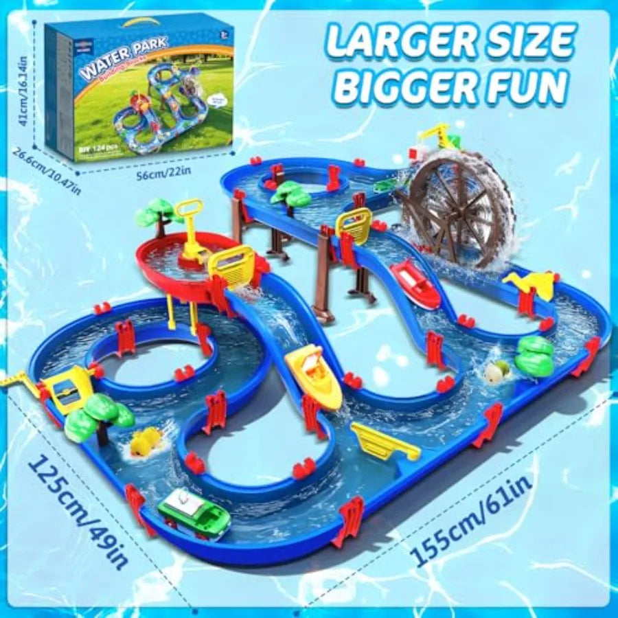 2-Tier Watermill Water Table Toys 124PCS Water Park Playset with Pump Waterwheel Summer Outdoor Water Toys Waterways for Backya