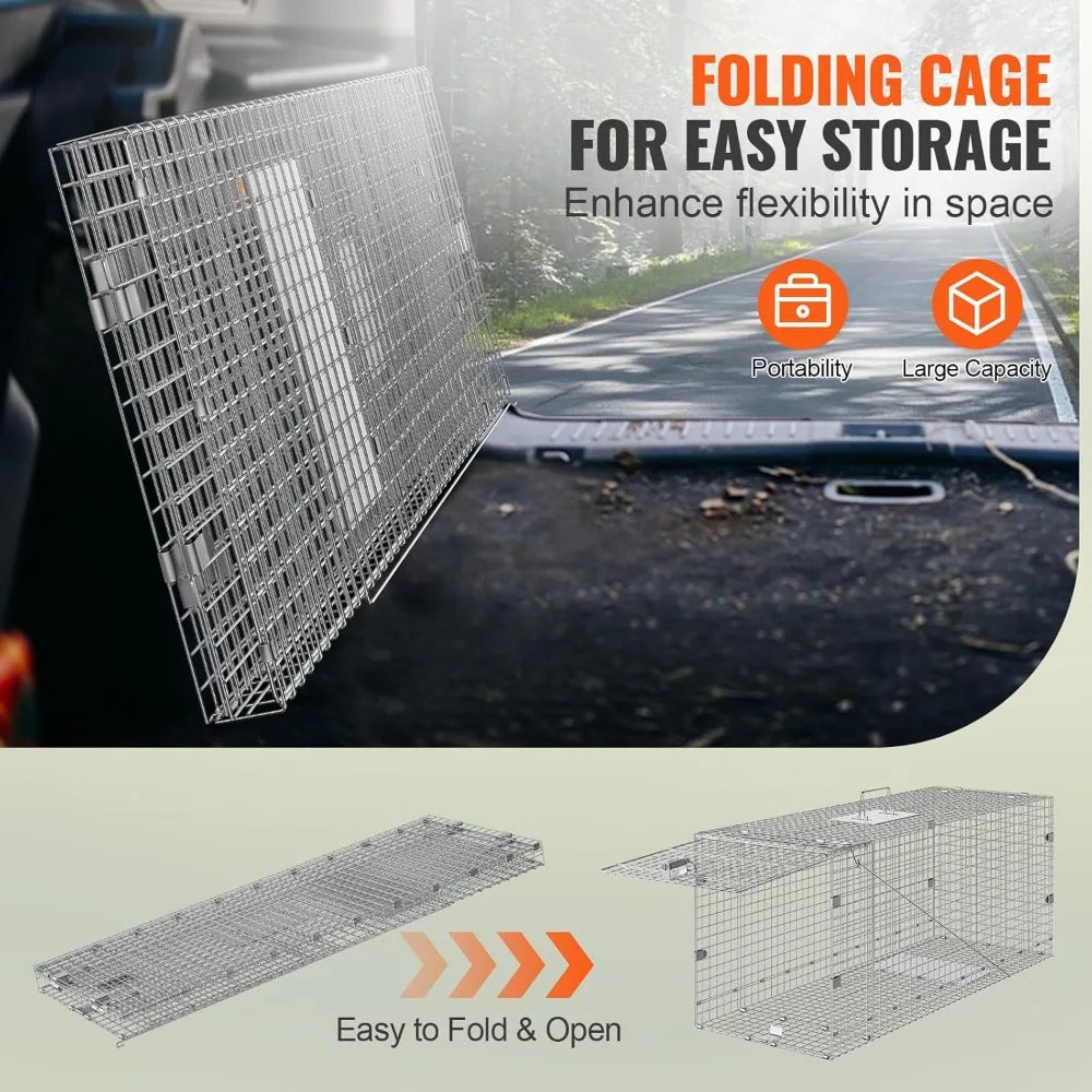 Humane Animal Trap Cage 42x16x18 Galvanized Iron Folding Live Cat Raccoon Fox Dog Capture