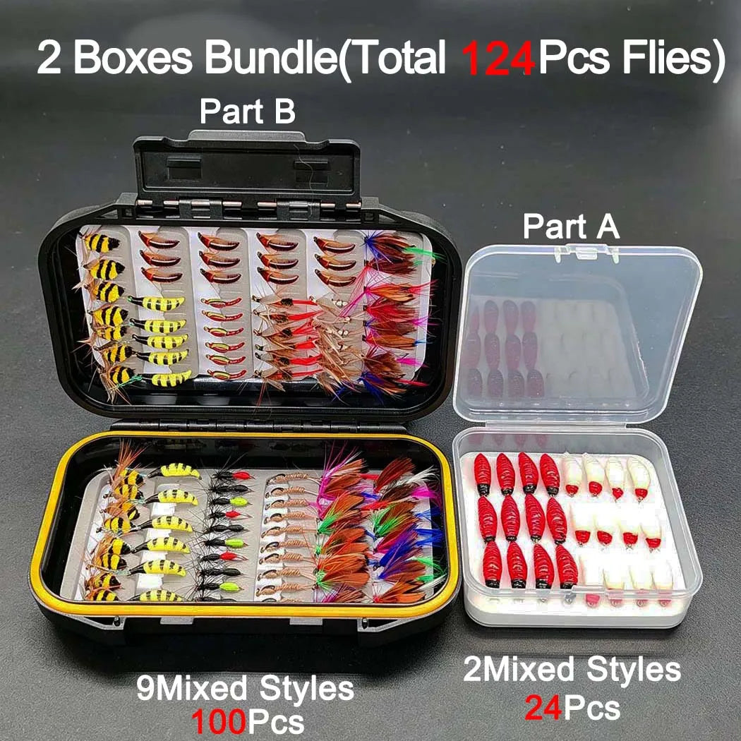 Fly Fishing Flies Artificial Bait Kit-2Boxes Bundle(Total 124Pcs Flies)Dry Wet Nyphms Fishing Bait for Trout Bass  with Fly Box