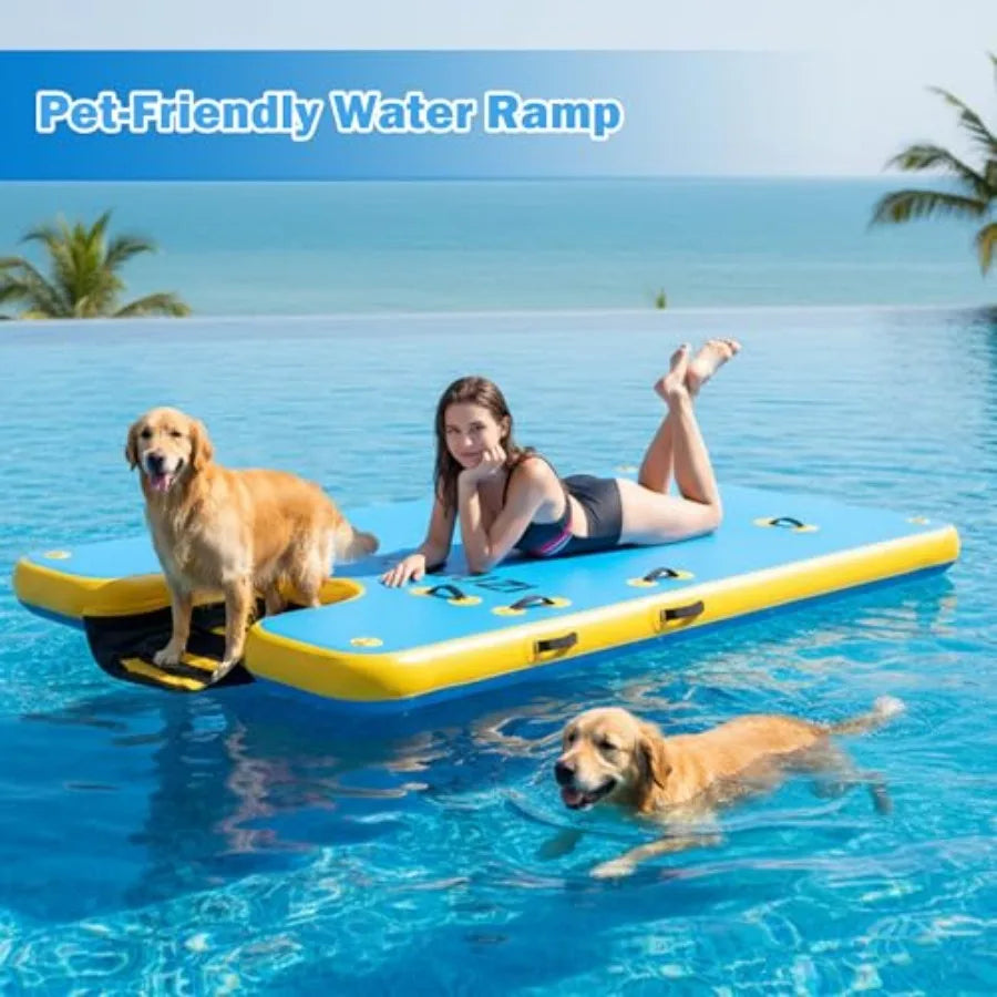 Portable inflatable water platform with dog ramp: heavy-duty 6 thick drop stitch floating dock for pets adults kids; ideal for