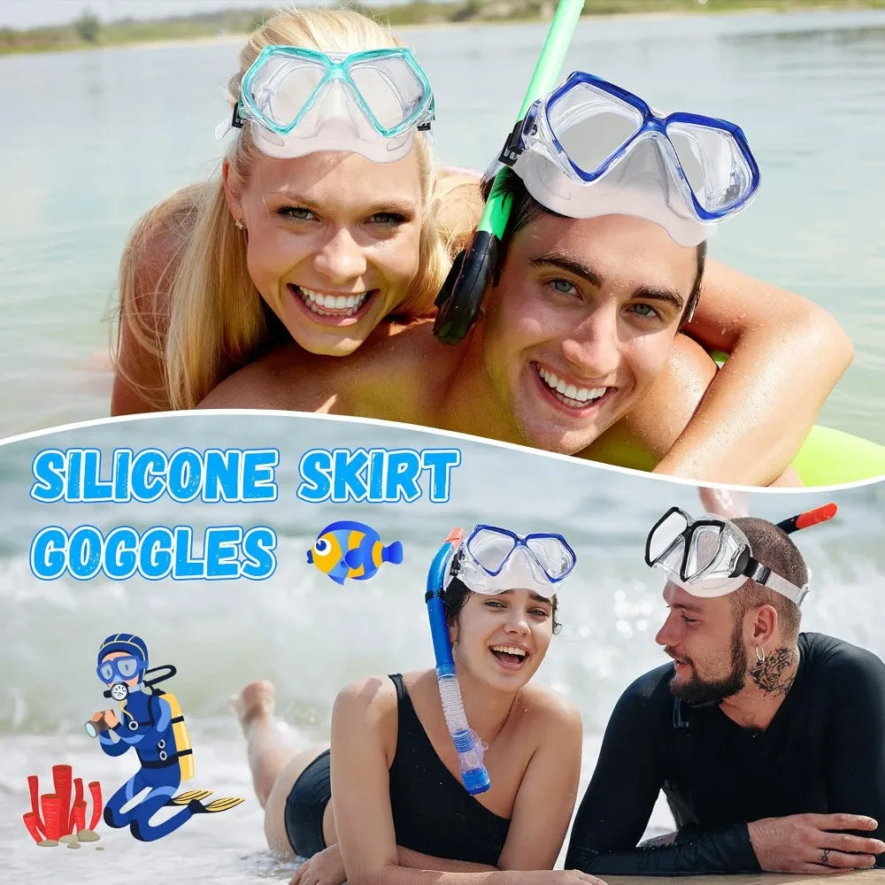 4 Pcs Adult Swim Goggles With Nose Cover And Tempered Glass Snorkel Mask